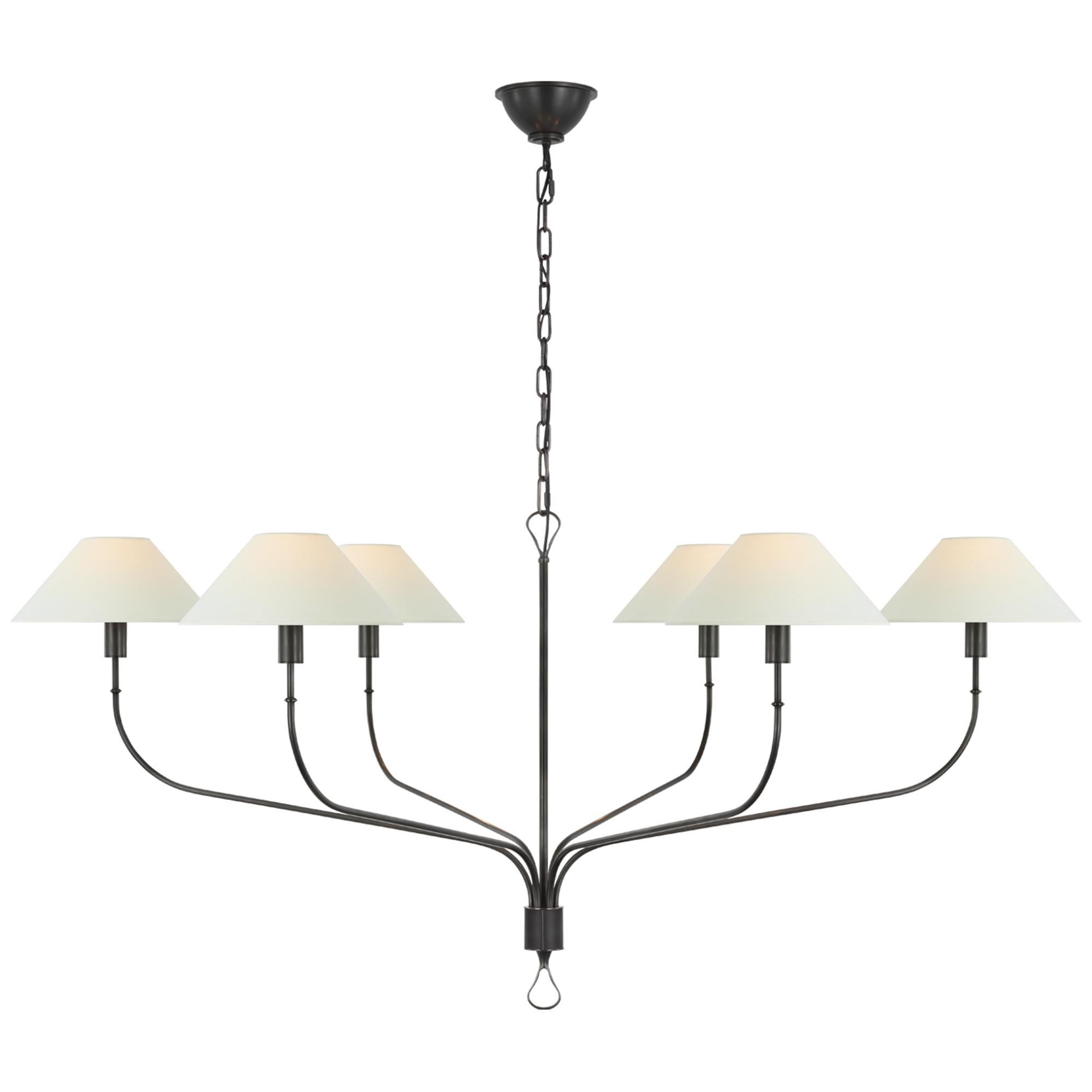 Shown in Bronze and Chocolate Leather finish and Linen shade