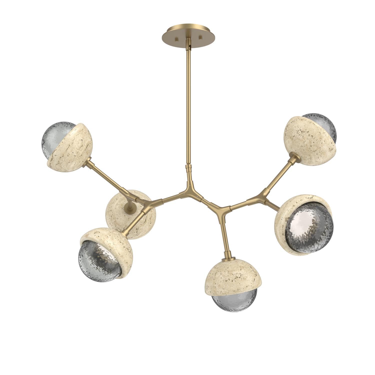 Shown in Gilded Brass finish and Smoke glass and Travertine Stone accent