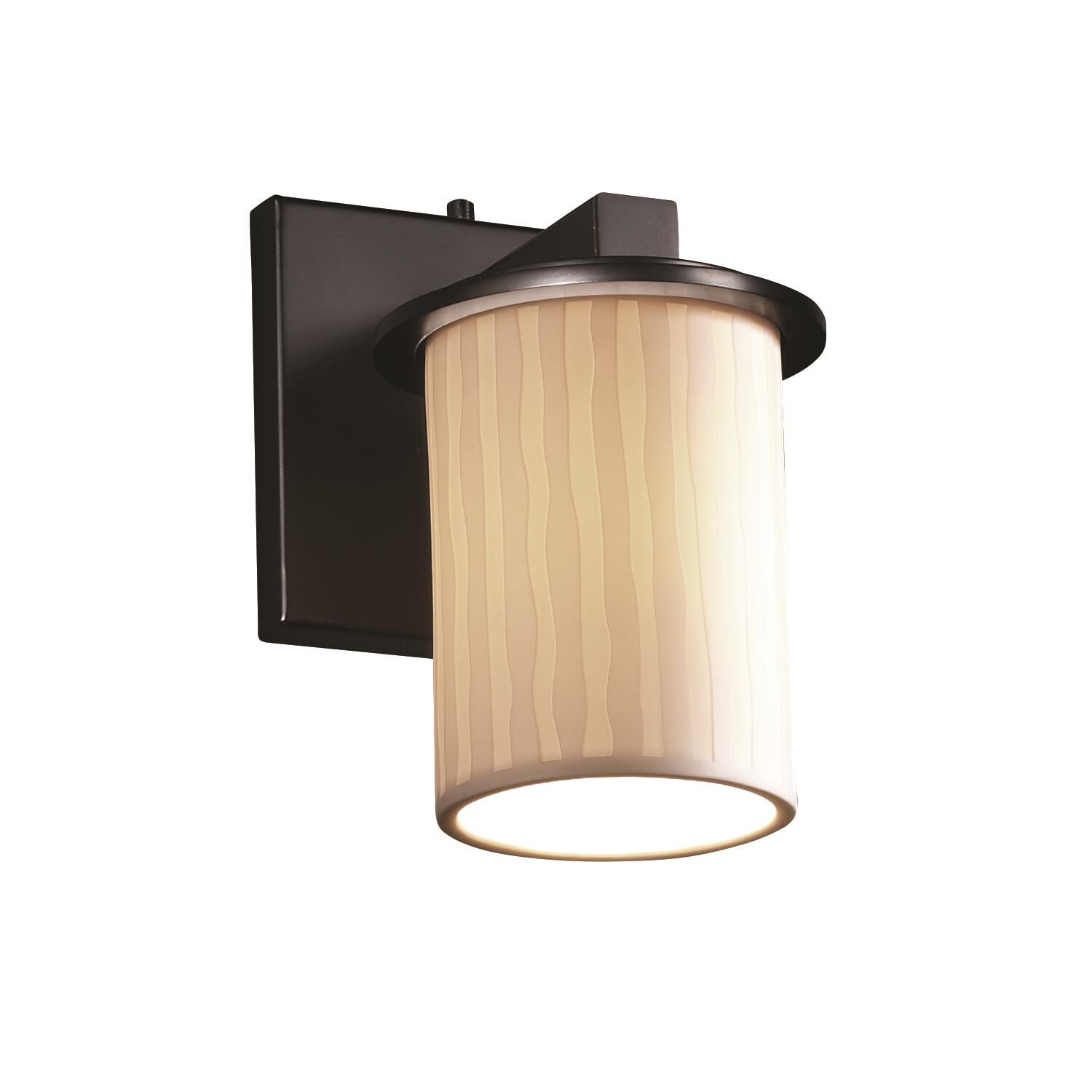 Shown in Matte Black finish and Translucent Porcelain glass and Waterfall shade and Cylinder with Flat Rim accent
