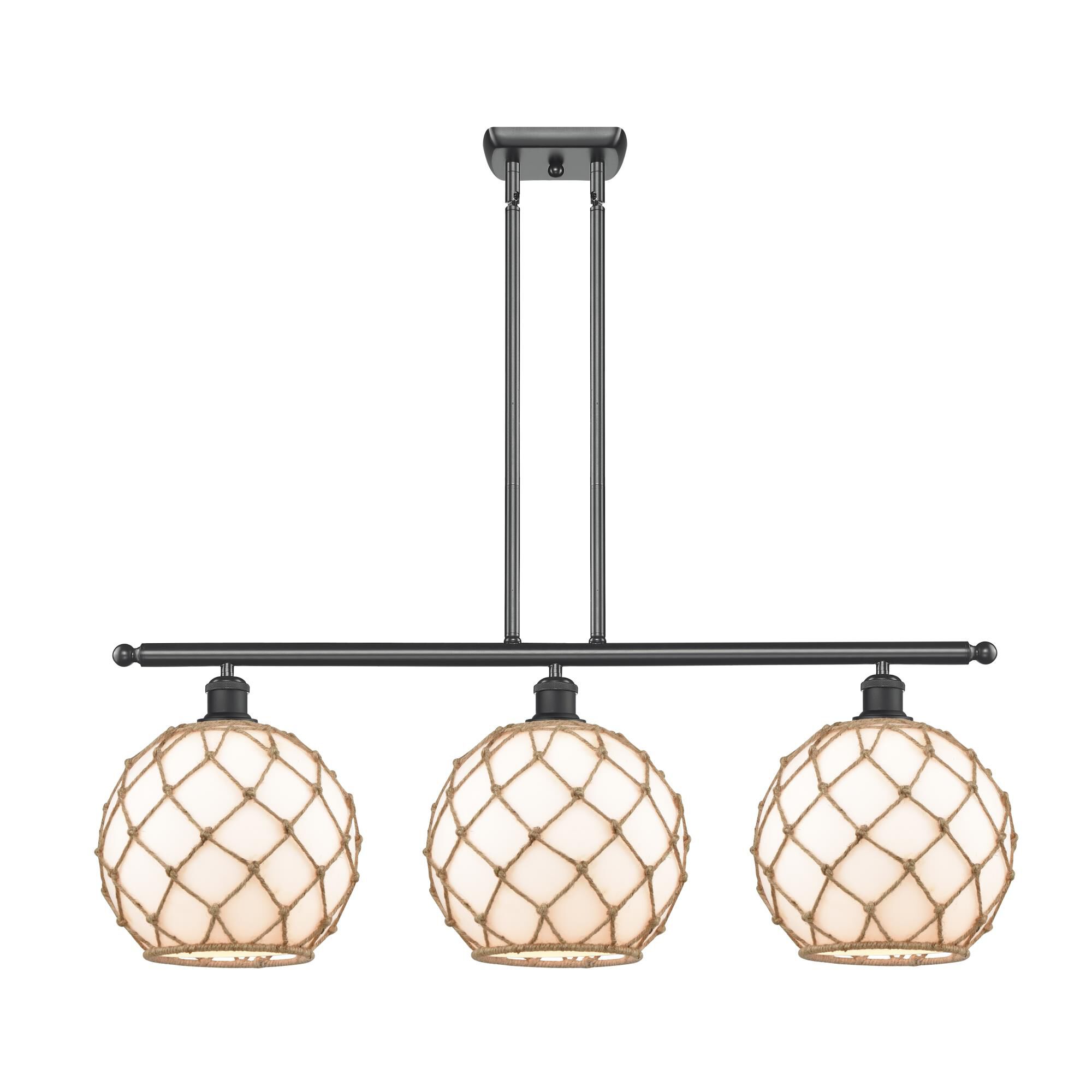Shown in Matte Black finish and Sphere glass and Glass And Rope shade