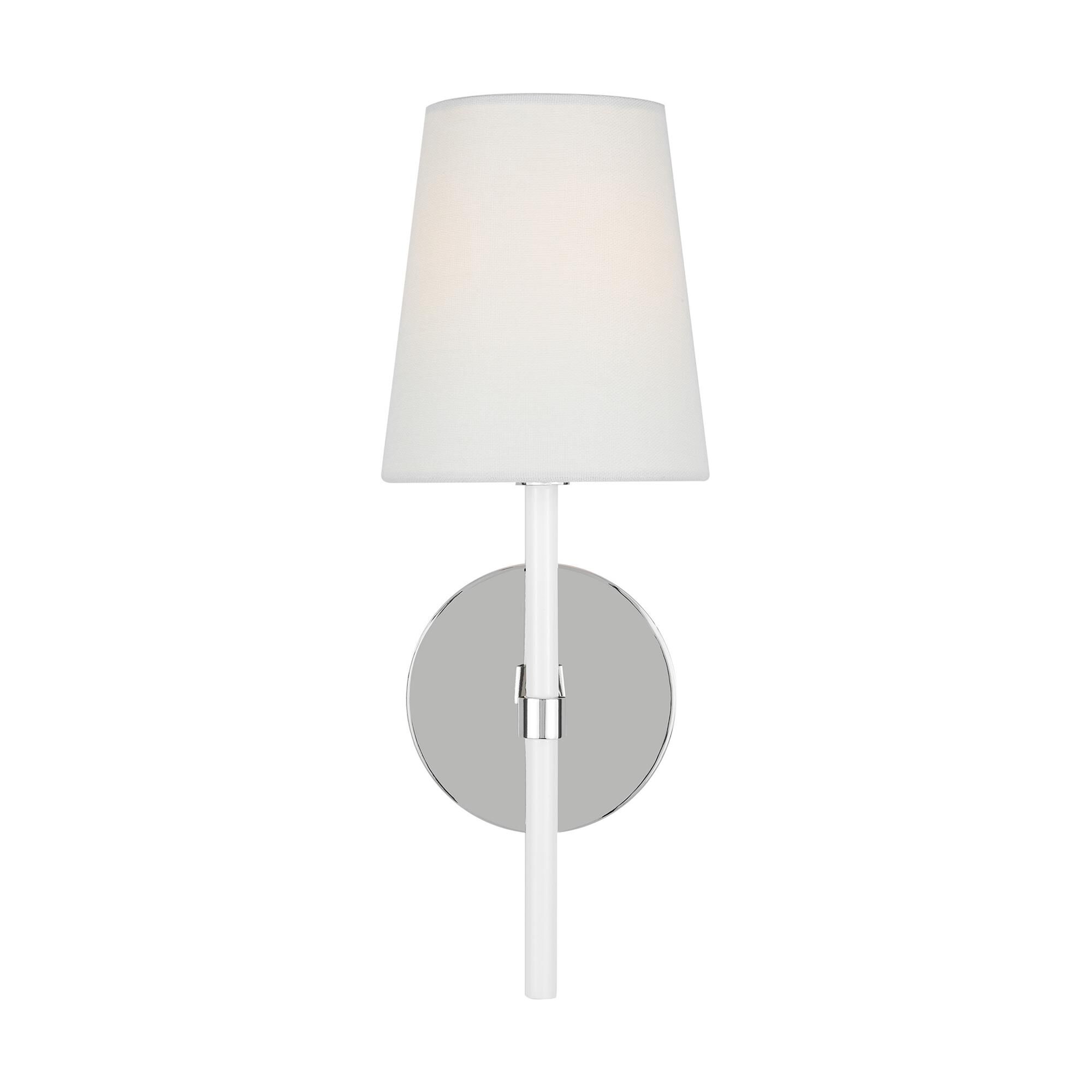 Shown in Polished Nickel finish and White Linen Fabric shade