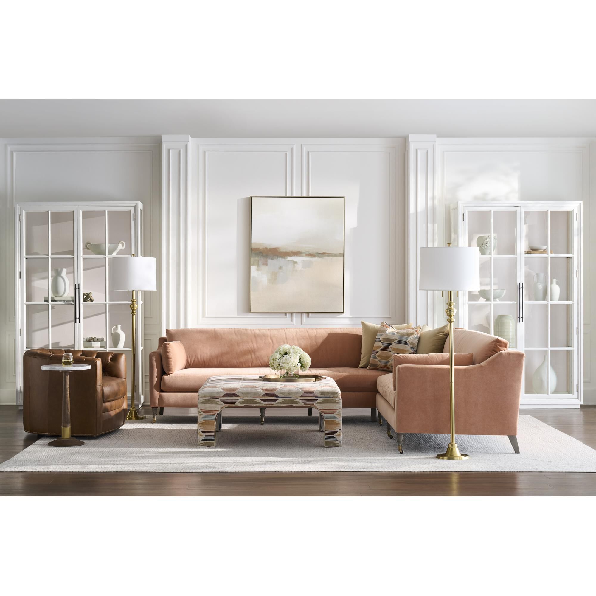 Shown in Modern Brass finish and Pearl shade