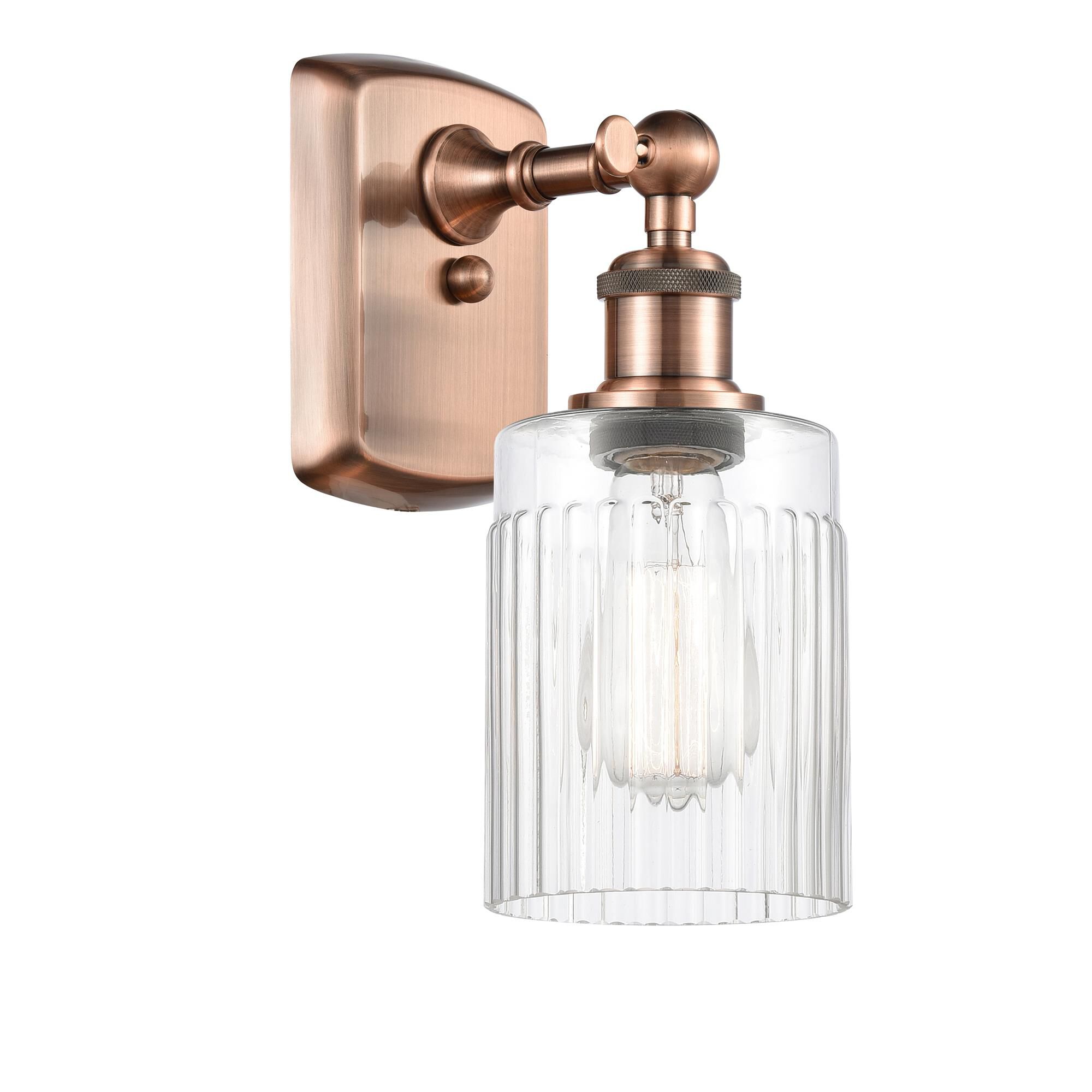 Shown in Antique Copper finish and Clear Ribbed glass
