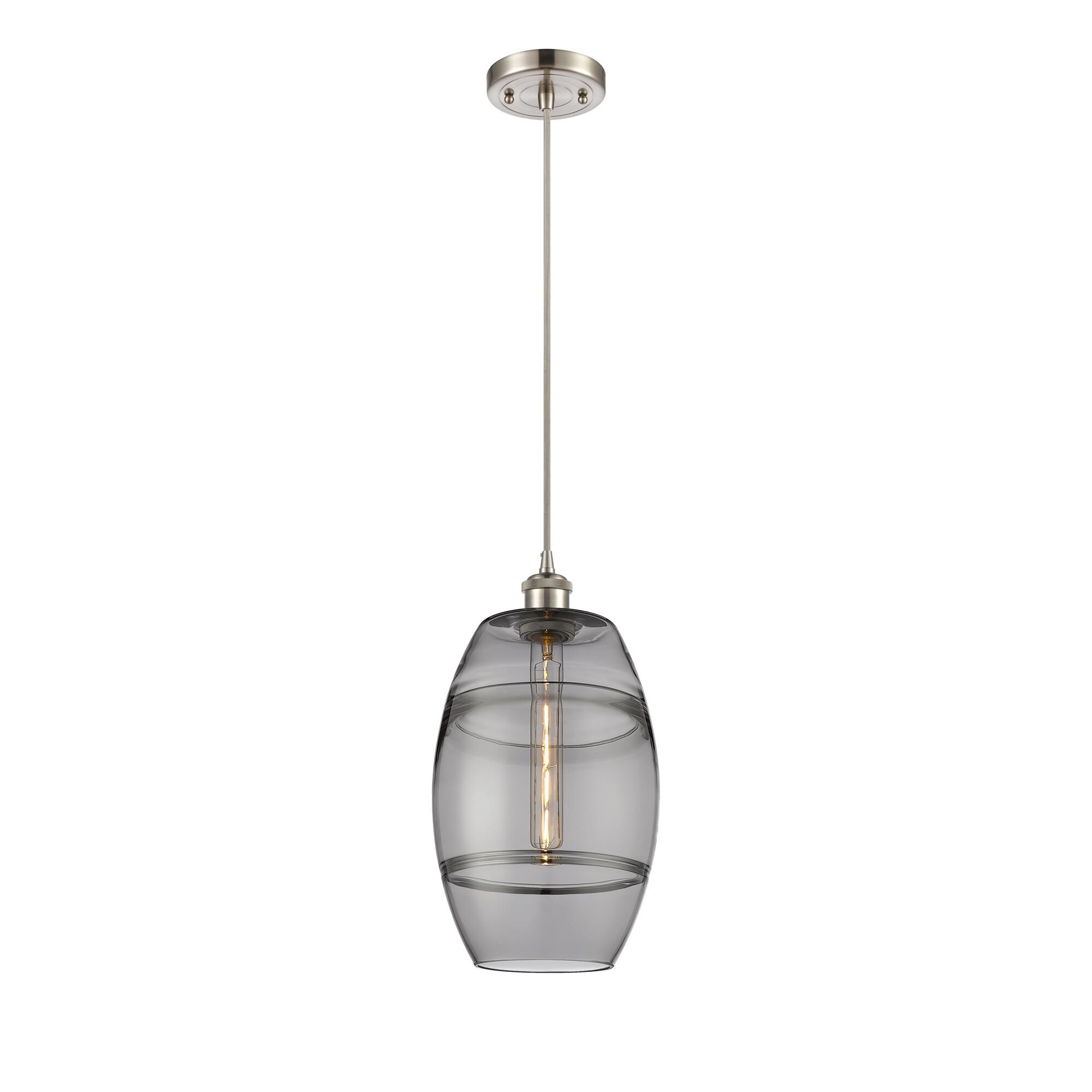 Shown in Brushed Satin Nickel finish and Light Smoke glass