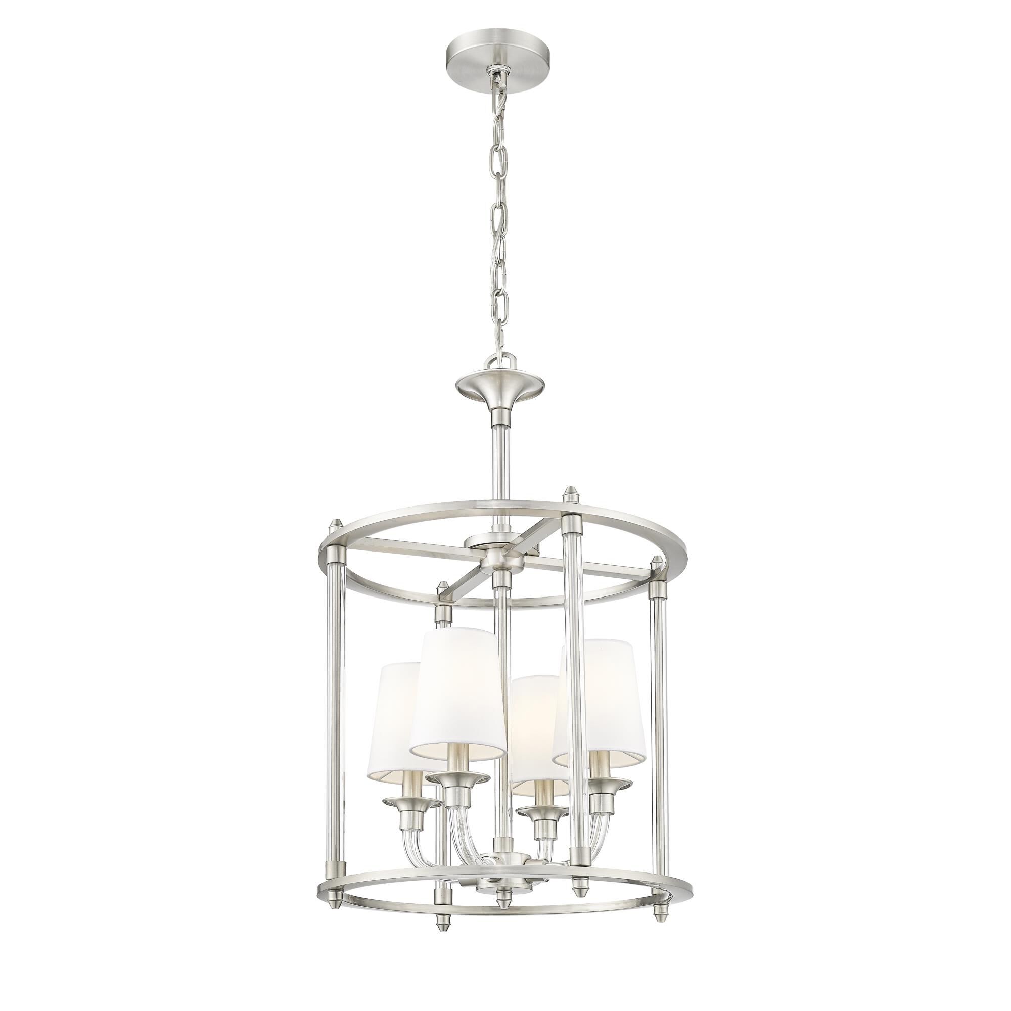 Shown in Brushed Nickel finish and White glass and White shade