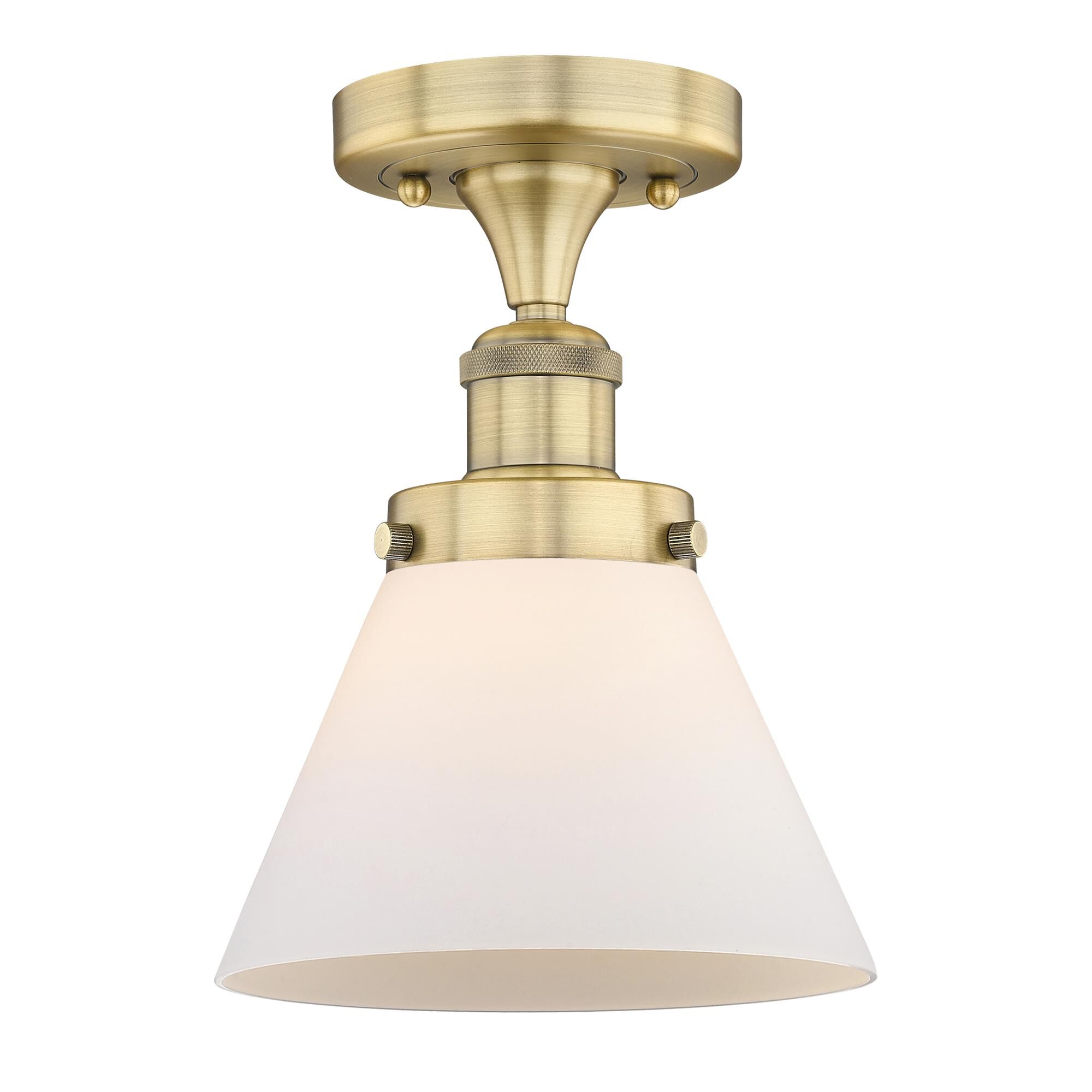 Shown in Brushed Brass finish and Matte White glass