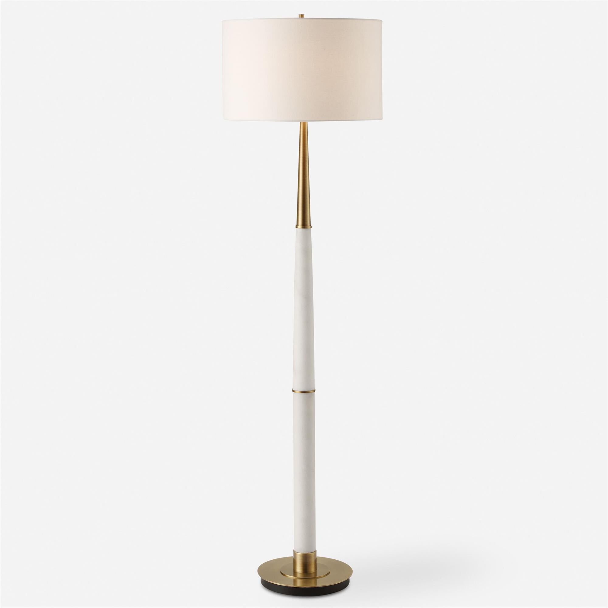 Shown in Crafted From White Marble, Its Column Gracefully Tapers, Drawing The Eye Upwards With Its Smooth, Re finish and Round Hardback shade