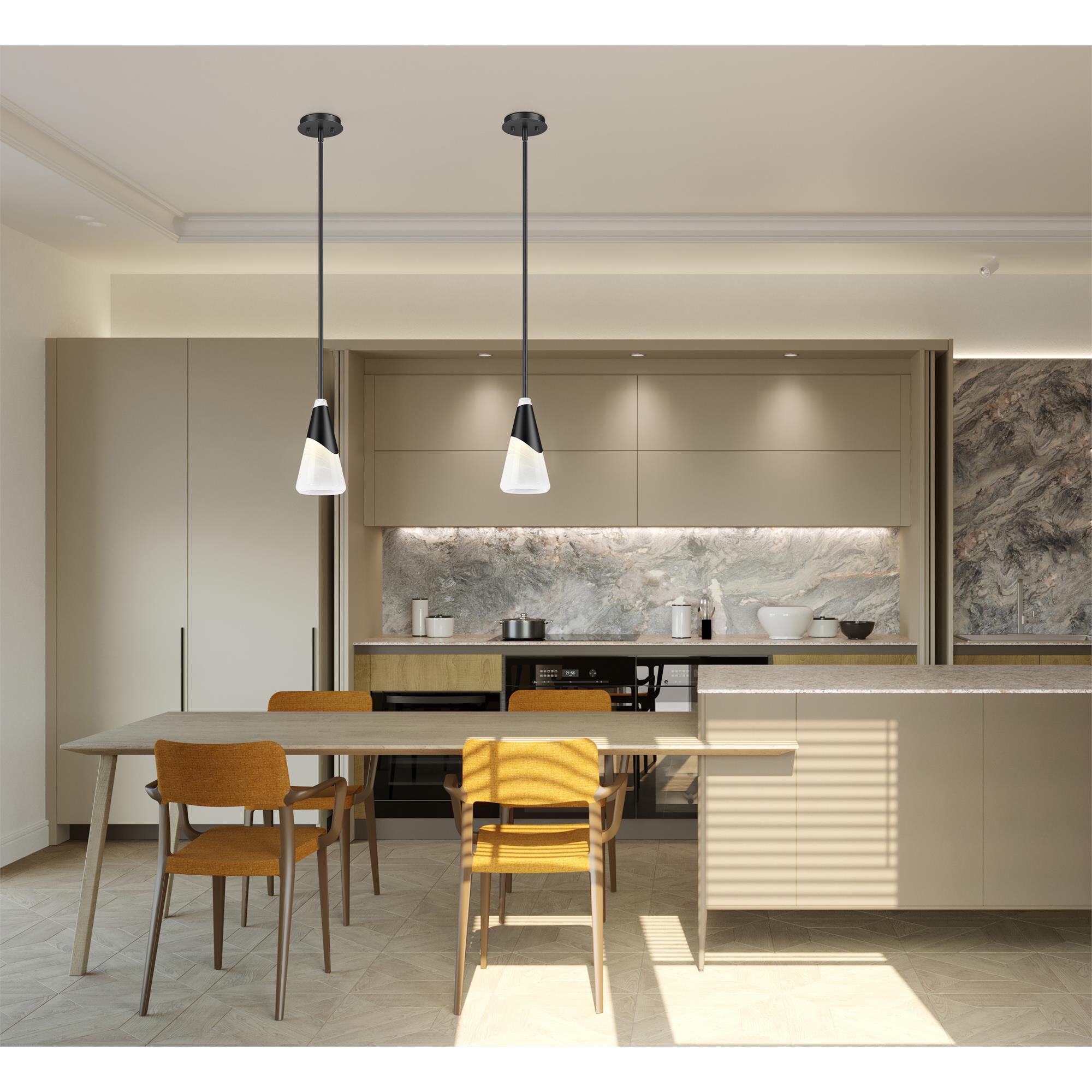 Shown in Matte Black finish and White Swirl glass and White Swirl shade