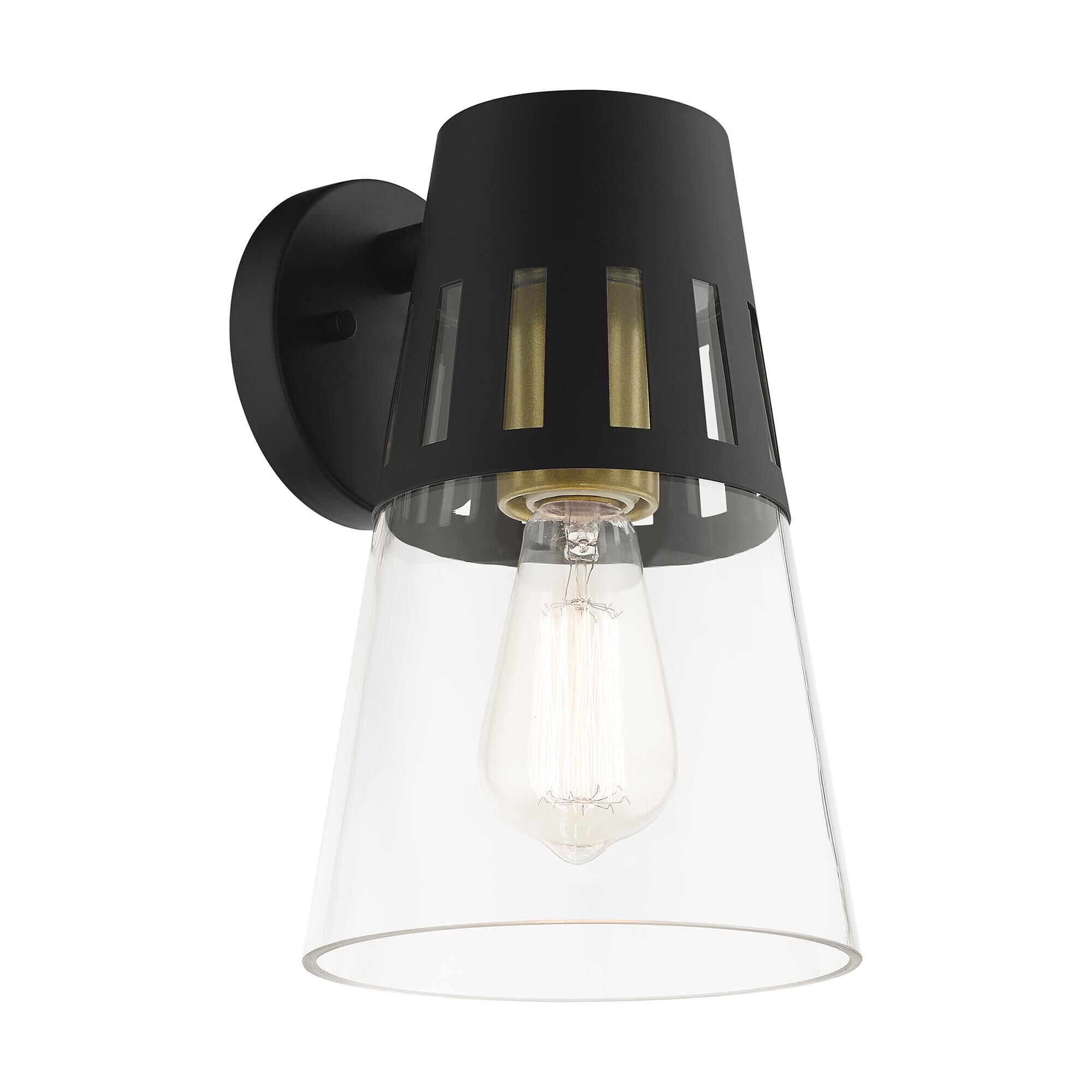 Shown in Black with Soft Gold Accents finish and Hand Blown Clear  glass