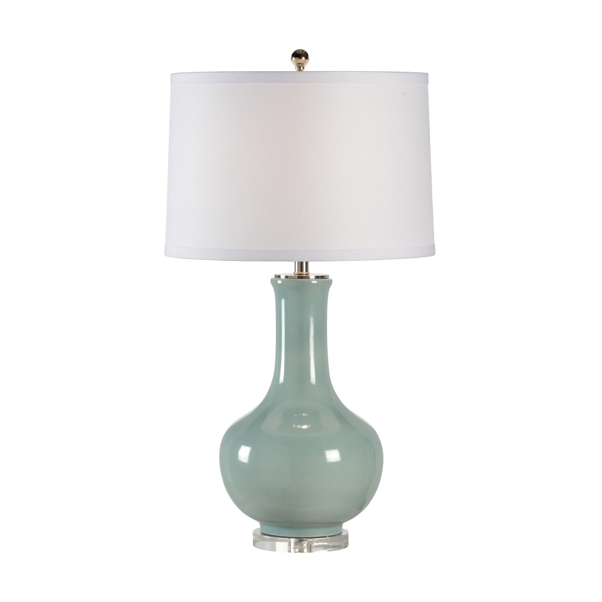 Shown in Ceramic With Pale Blue Glaze finish and White Linen shade