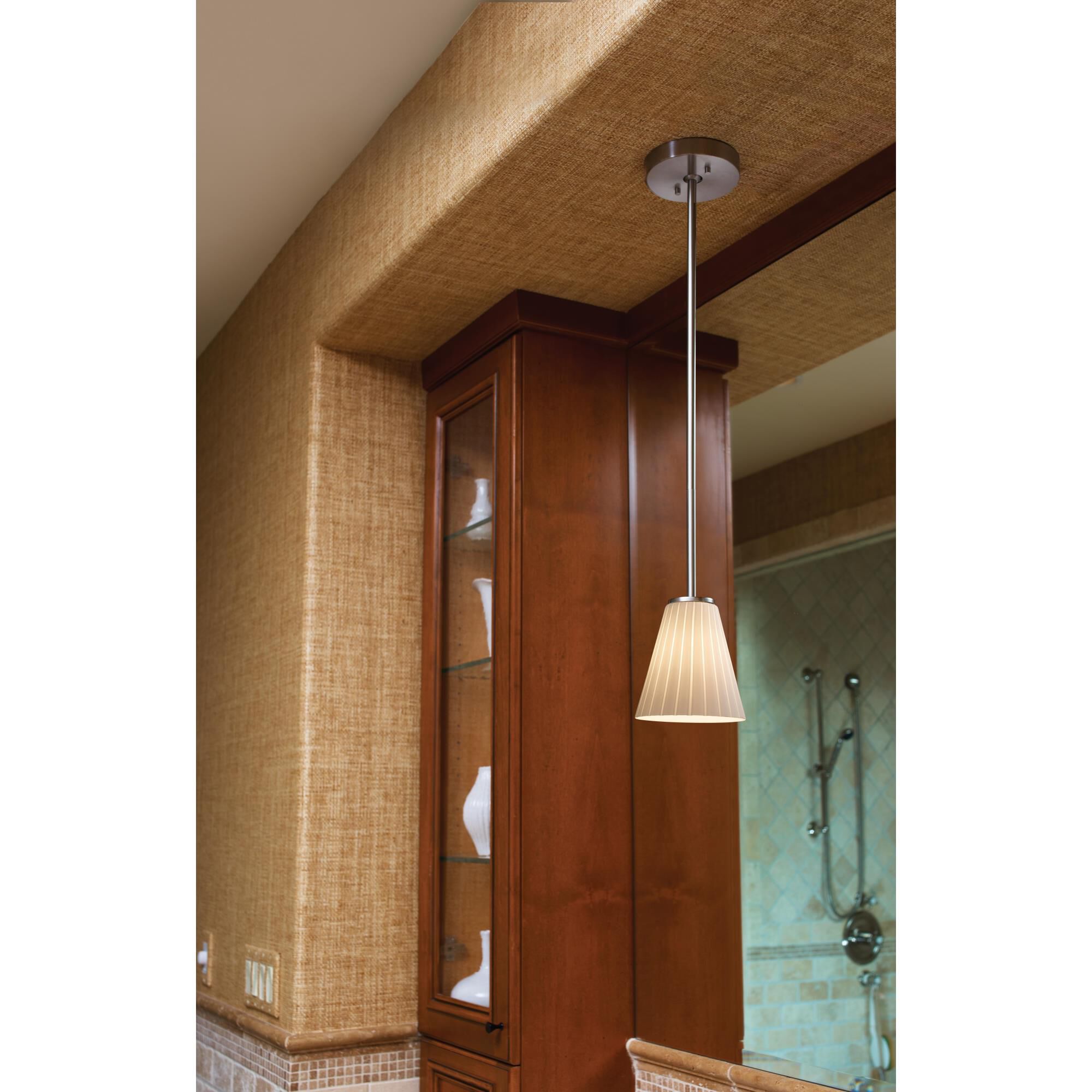 Shown in Brushed Nickel finish and Artisan glass and Ribbon shade and Cone accent