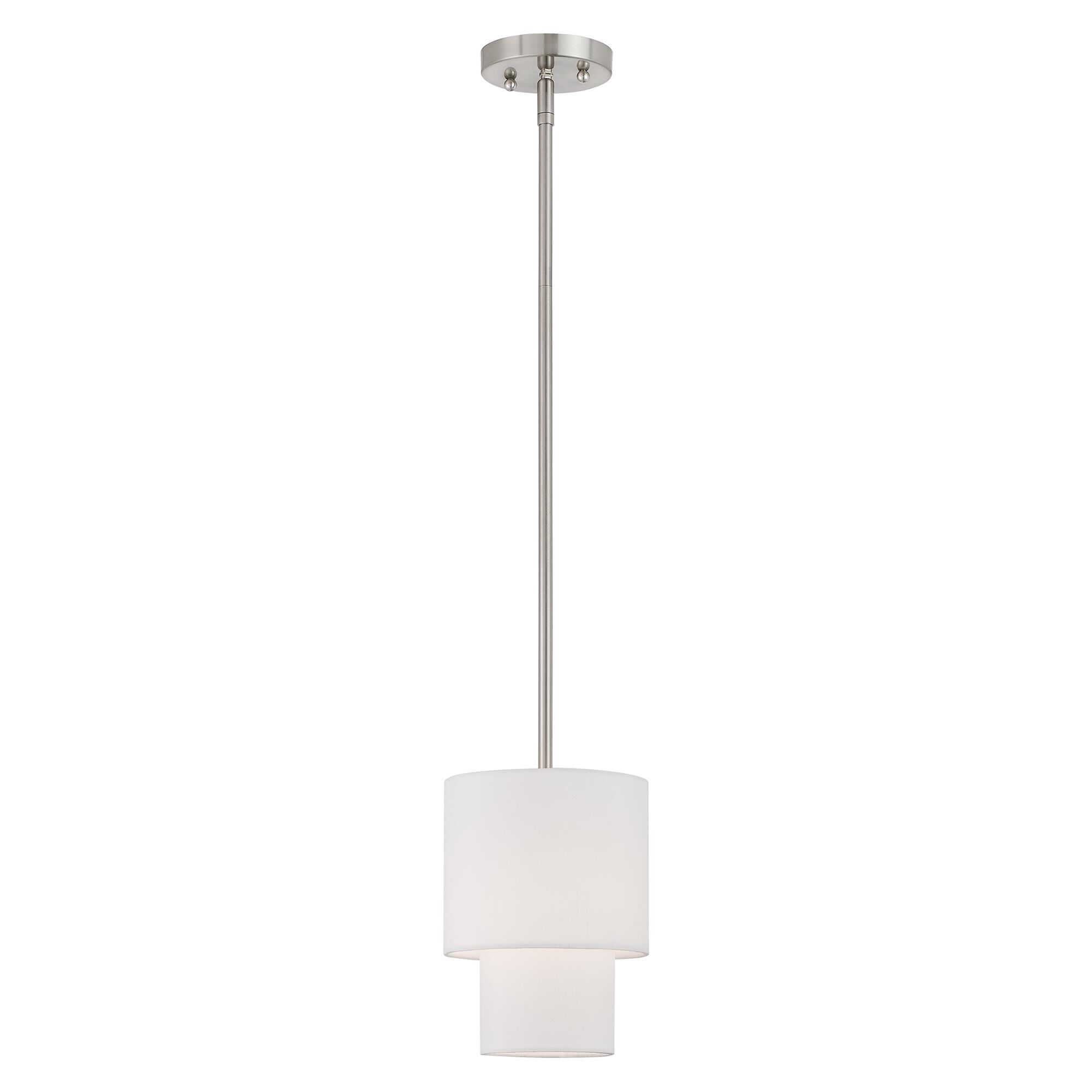 Shown in Brushed Nickel finish and Hand Crafted Off-White Fabric Outside & White Fabric Inside Hardback shade