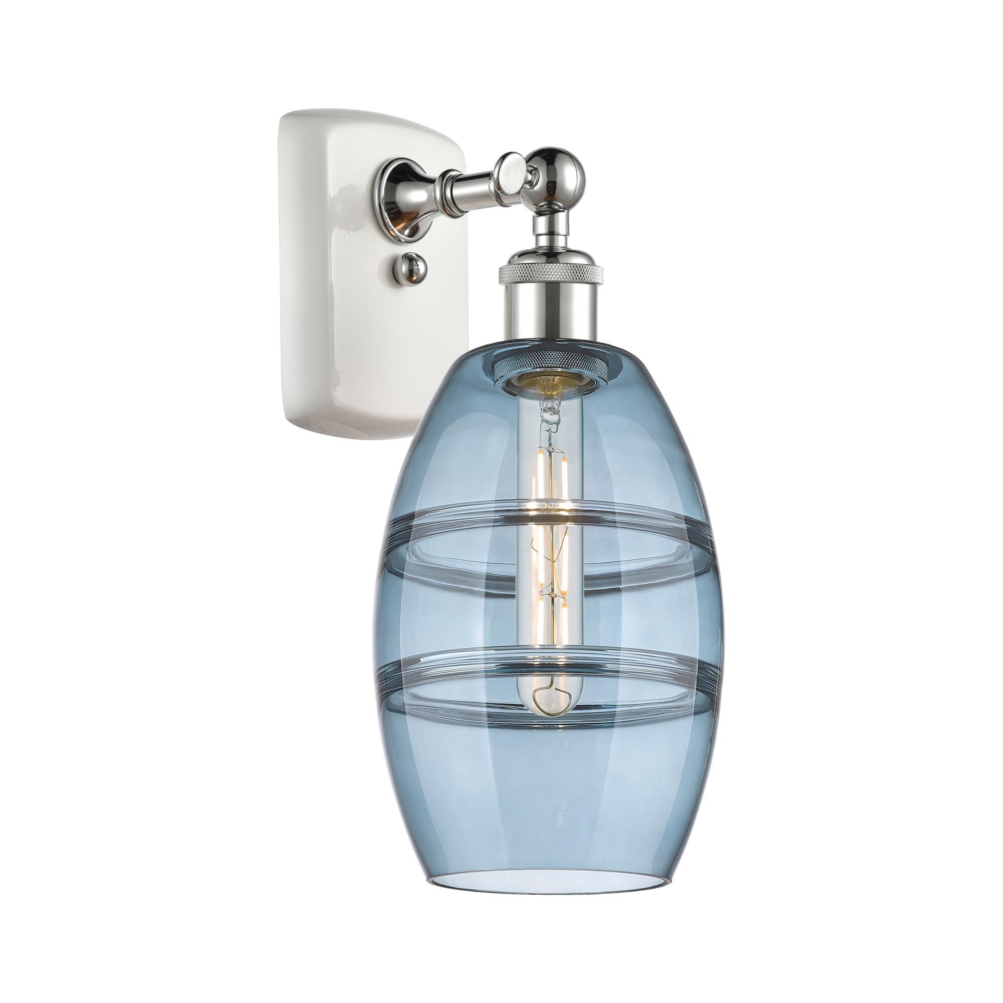 Shown in White Polished Chrome finish and Princess Blue glass