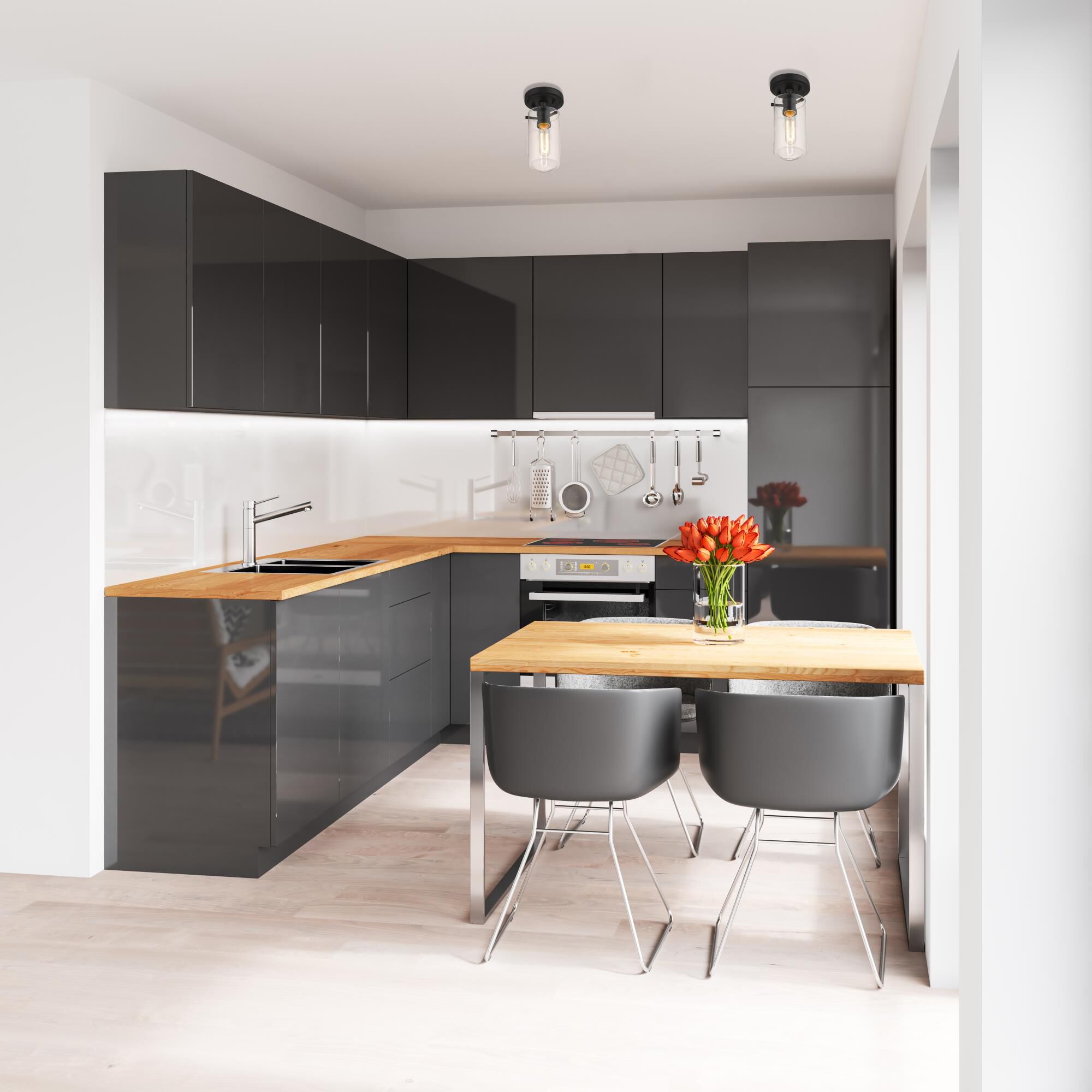 Shown in Matte Black finish and Glass shade