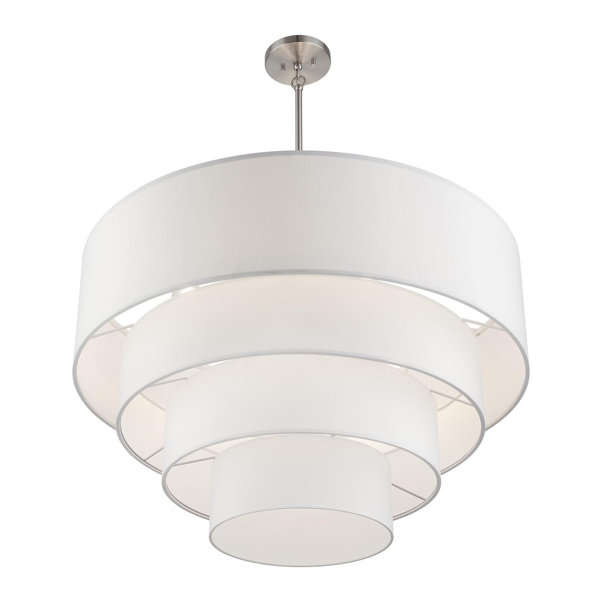 Shown in Brushed Nickel finish and Hand Crafted Off-White Fabric Hardbacks with White Fabric Inside shade