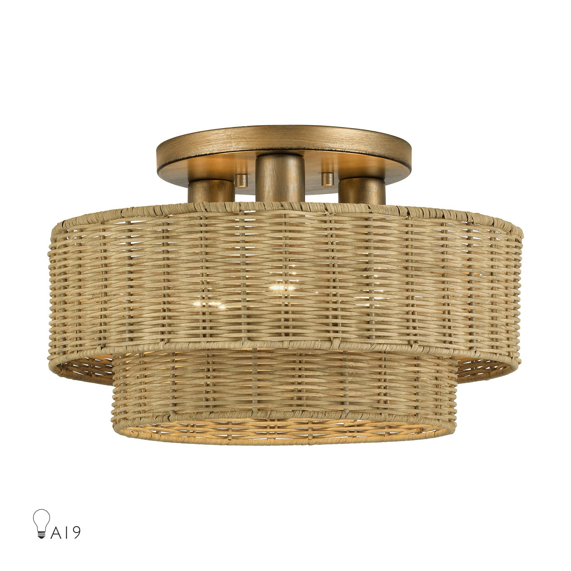Shown in Antique Gold Leaf finish and Hand-Woven Rustic Walnut Color Rattan shade