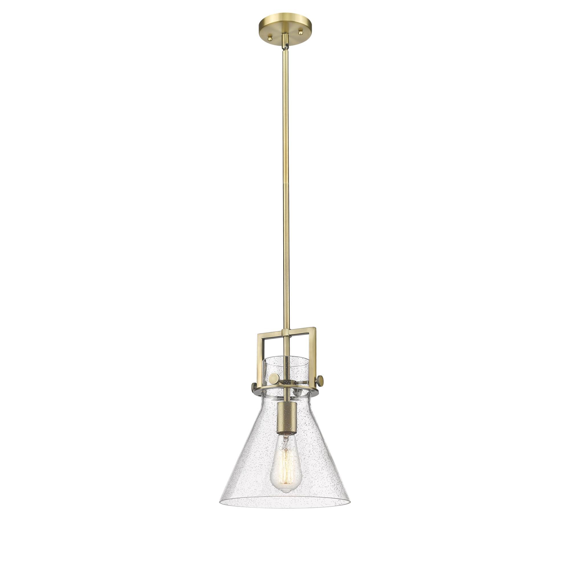 Shown in Brushed Brass finish and Seedy glass