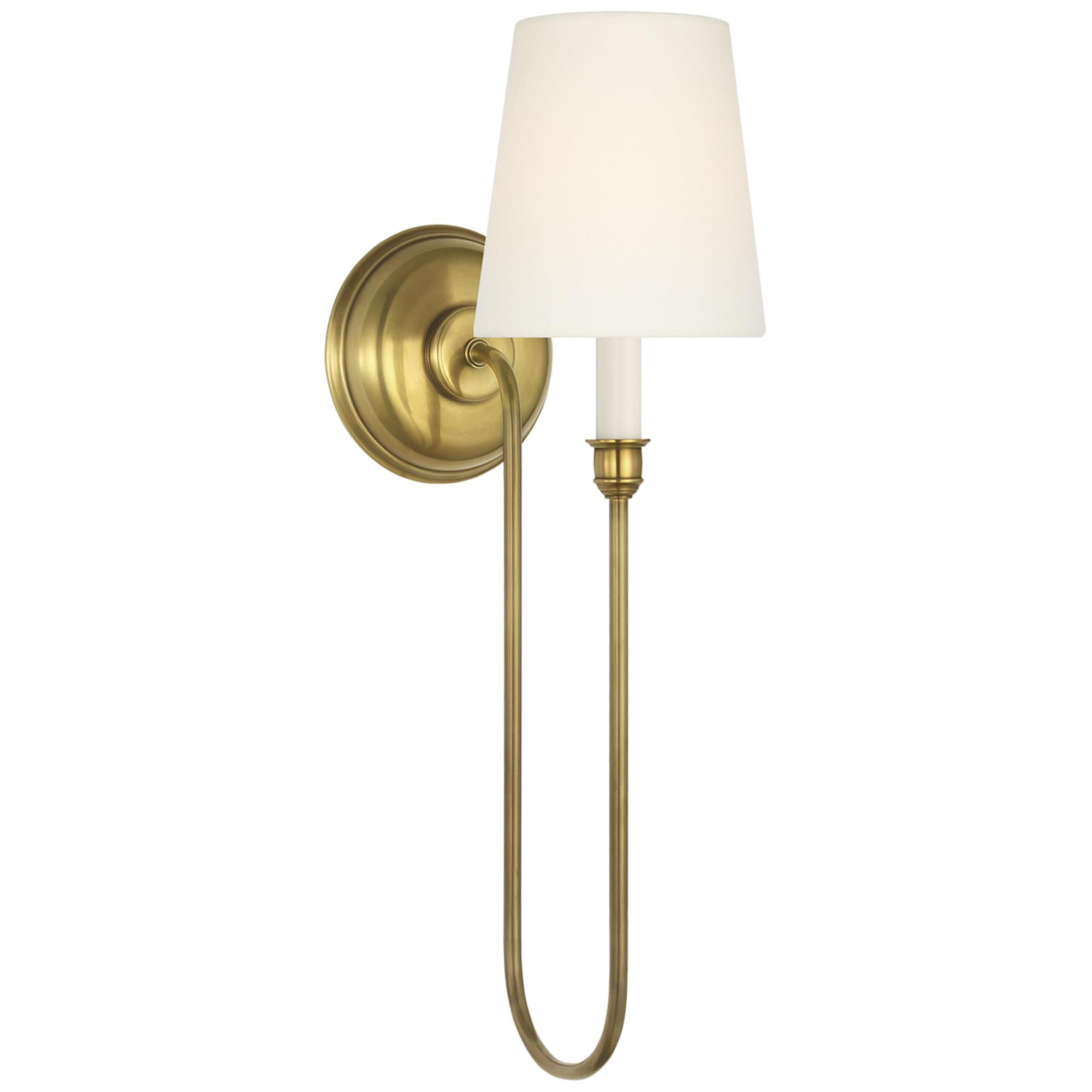 Shown in Hand-Rubbed Antique Brass finish and Linen shade