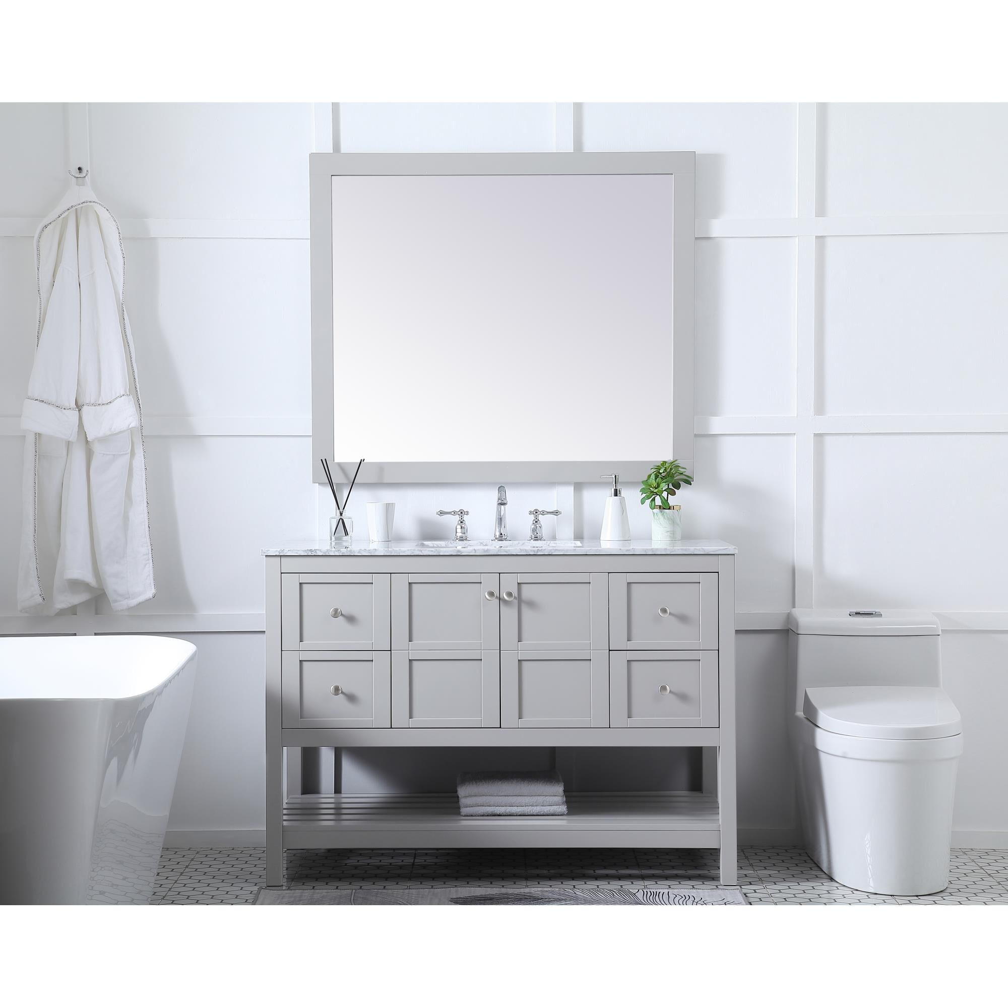 Shown in Gray And Brushed Nickel With Carrara White Marble finish