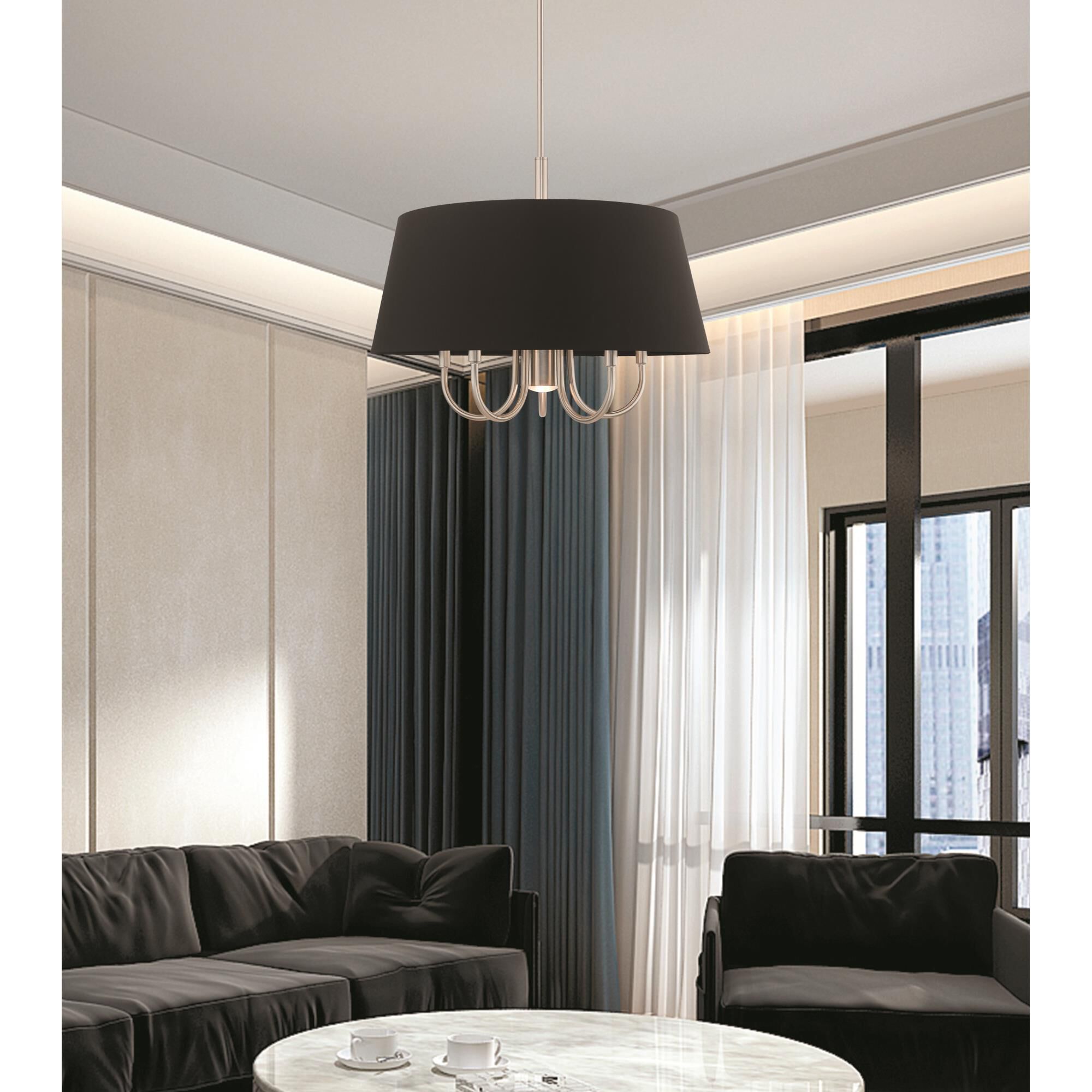 Shown in Brushed Nickel finish and Hand Crafted Black Fabric Hardback shade