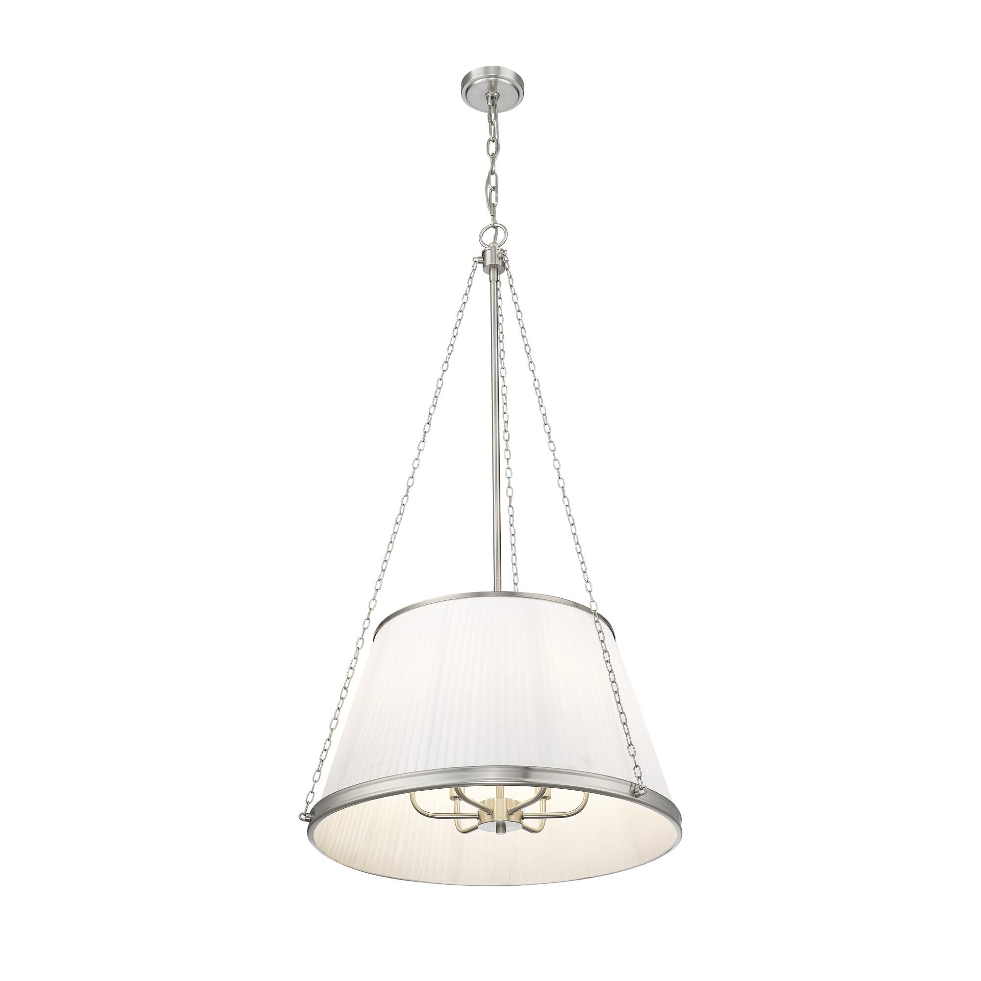 Shown in Brushed Nickel finish and White glass and White shade