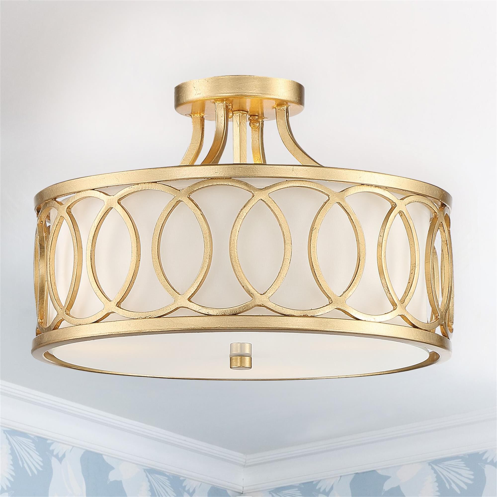 Shown in Antique Gold finish and Silk glass and White shade