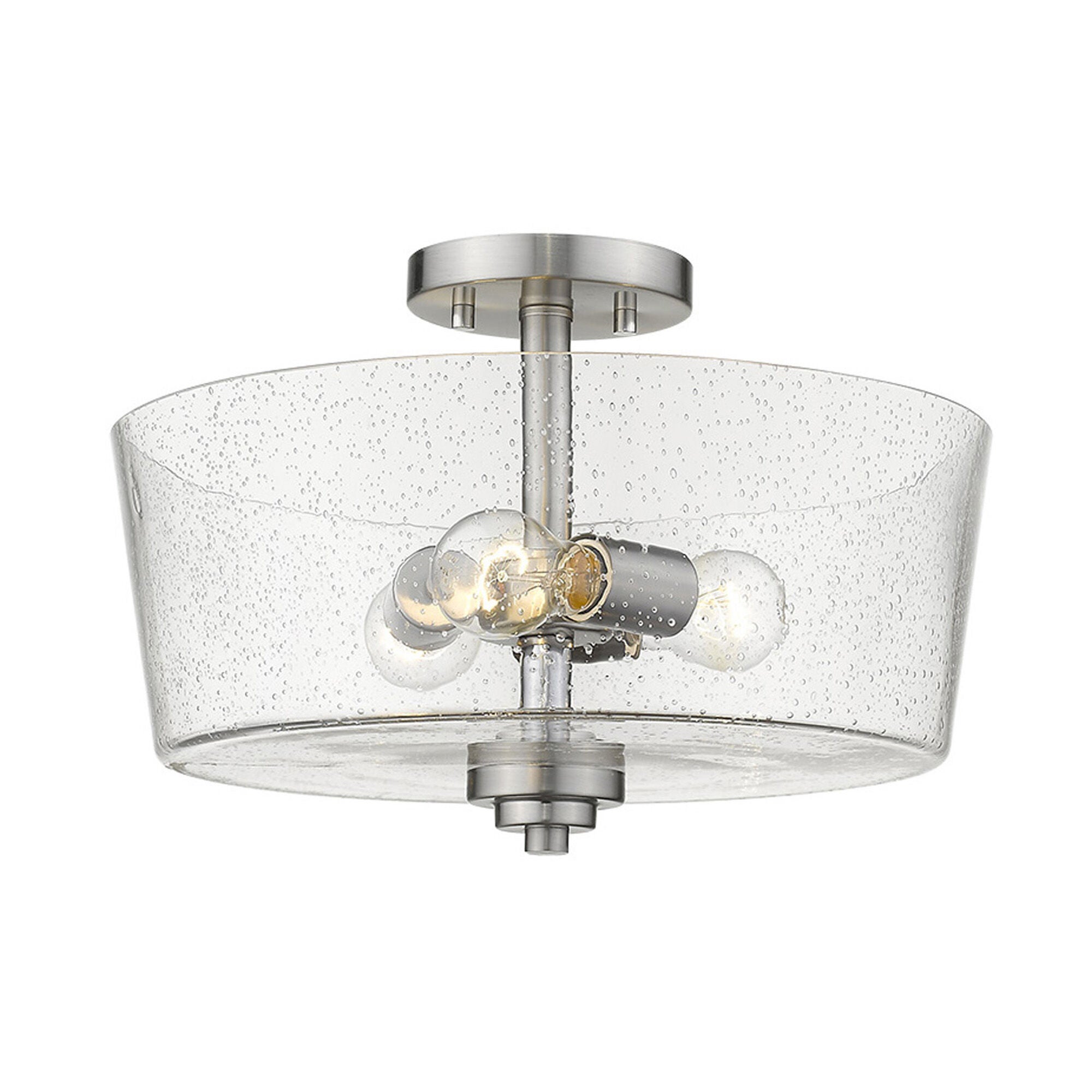 Shown in Satin Nickel finish and Clear glass and Clear, Seeded Drum Shaped Glass shade