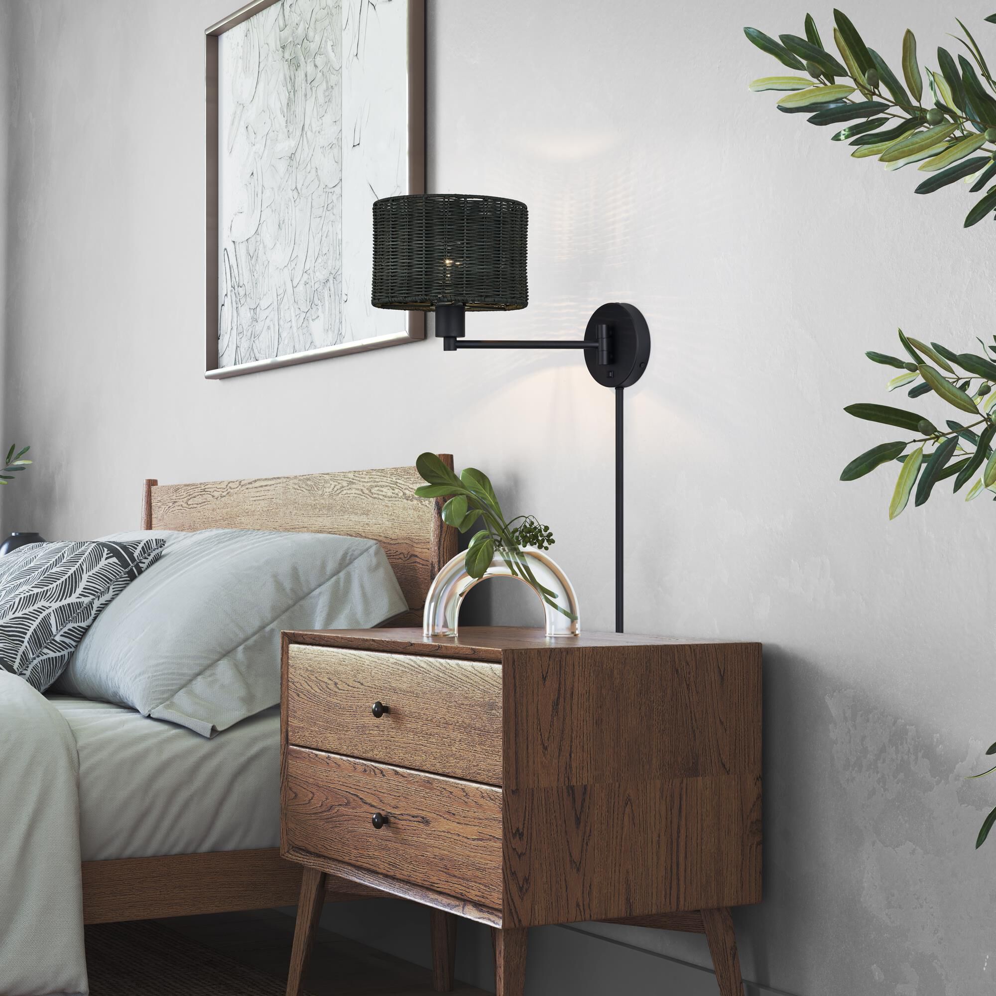 Shown in Black finish and Hand-Woven Charred Gray Color Rattan shade