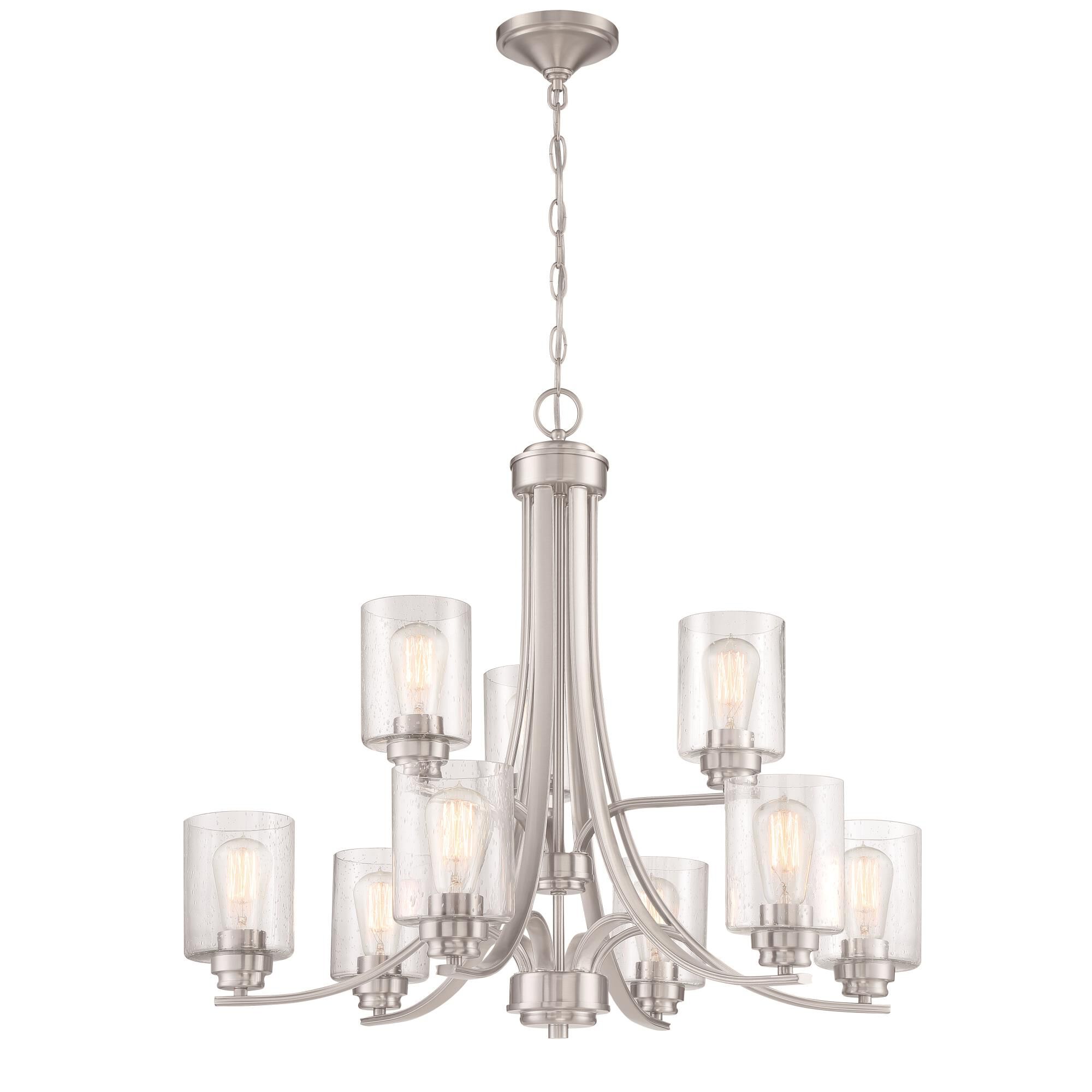 Shown in Brushed Polished Nickel finish and Clear Seeded glass and Glass shade