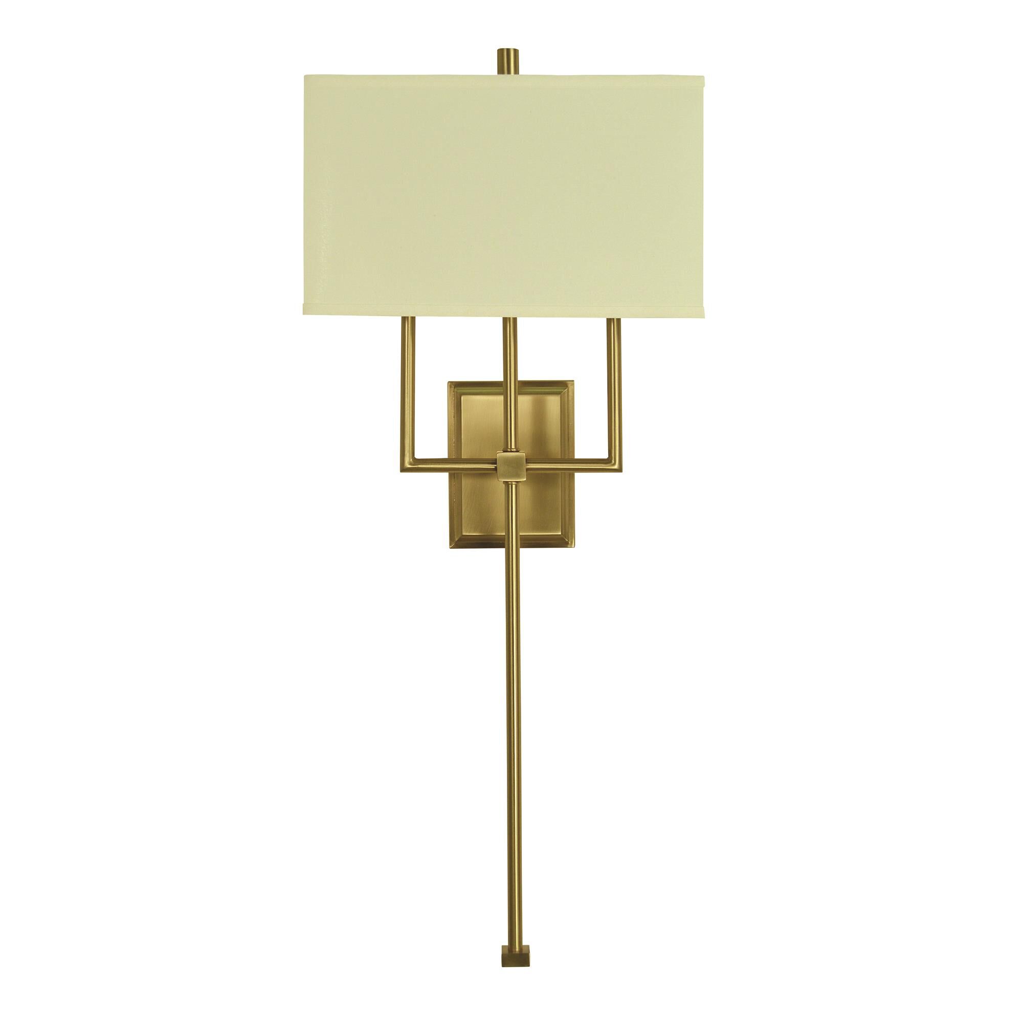Shown in Brushed Brass finish and Off-White Hardback Linen shade