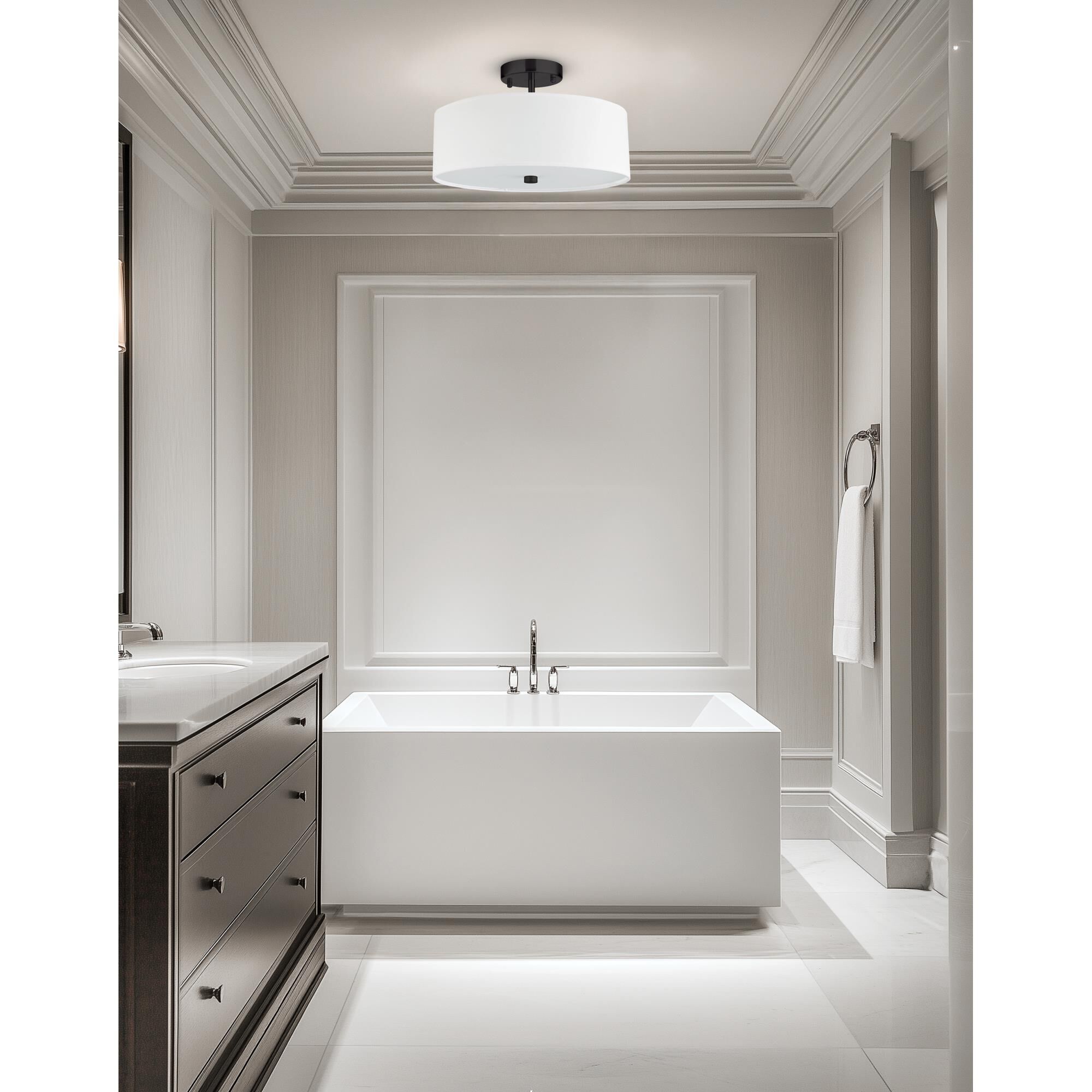 Shown in White and Black finish and White Fabric Drum shade