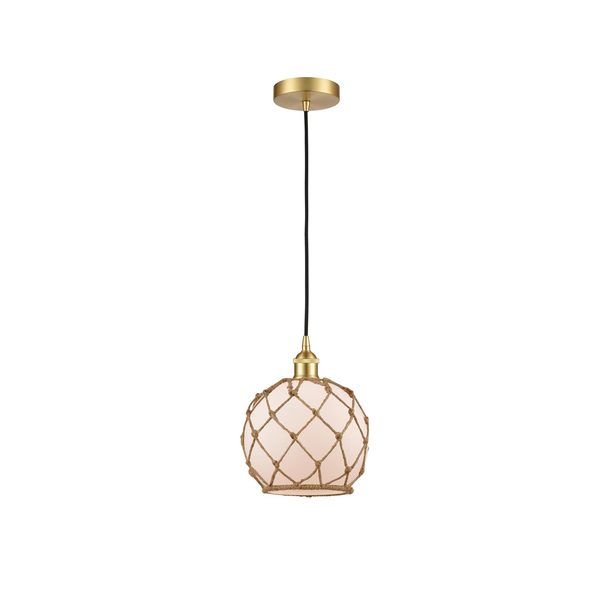 Shown in Satin Gold finish and White Farmhouse With Brown Rope glass