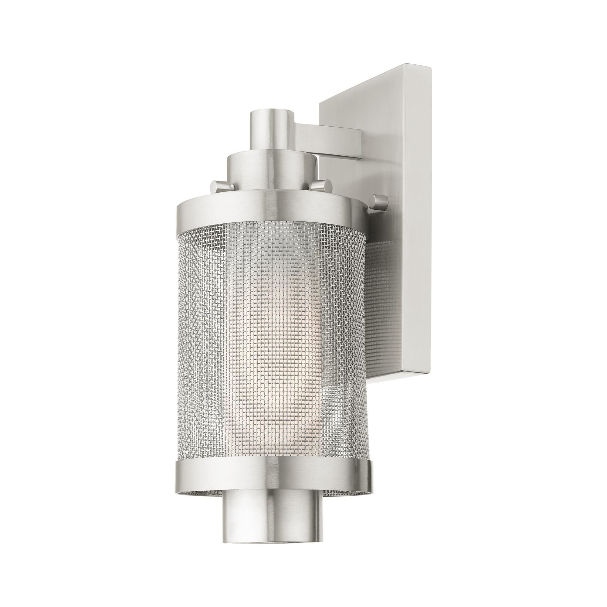 Shown in Brushed Nickel finish and Brushed Nickel Stainless Steel Mesh With Satin Opal White glass and Brushed Nickel Stainless Steel Mesh With Satin Opal White Glass shade