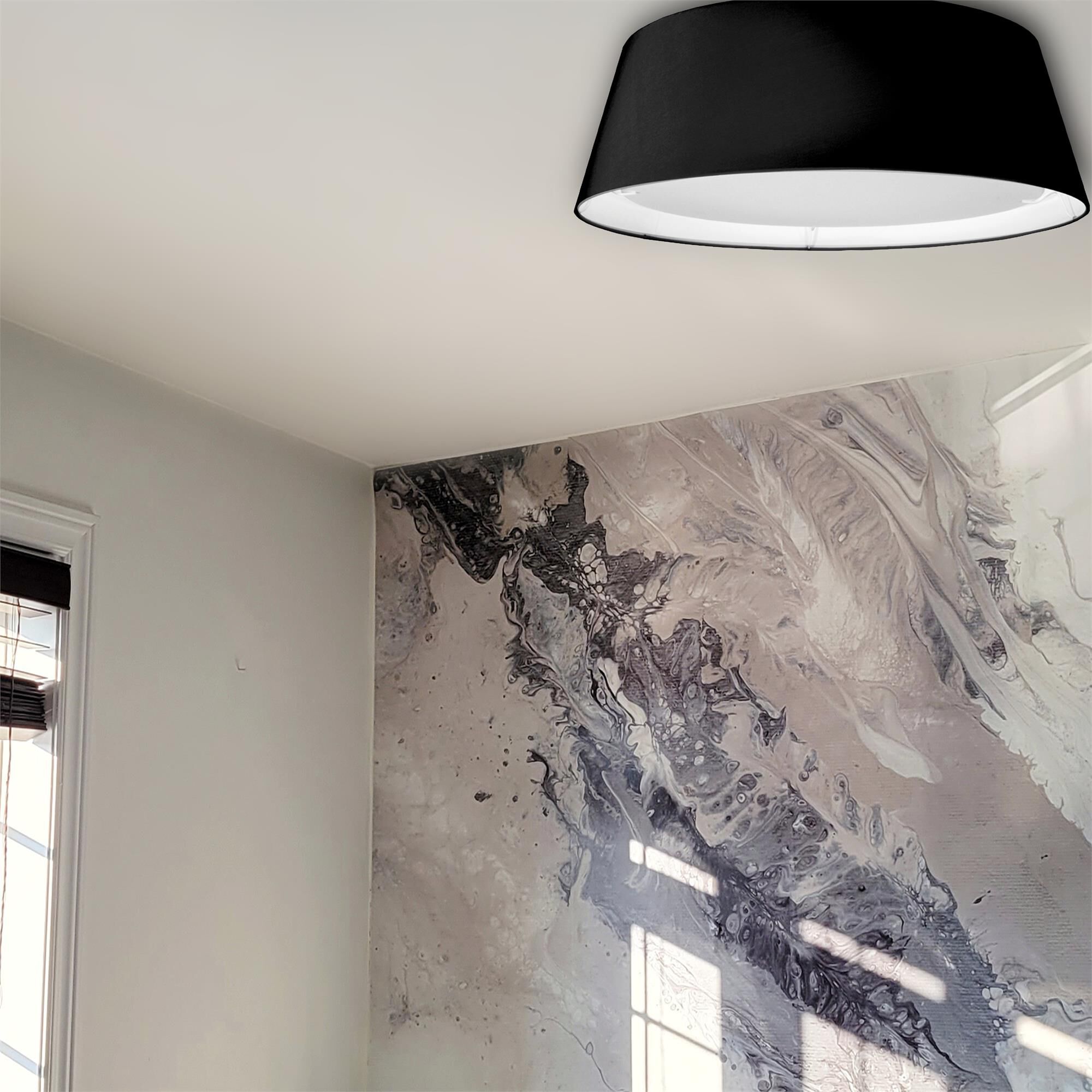 Shown in Black and White finish and Jewel Tone Black Fabric Tapered Drum shade