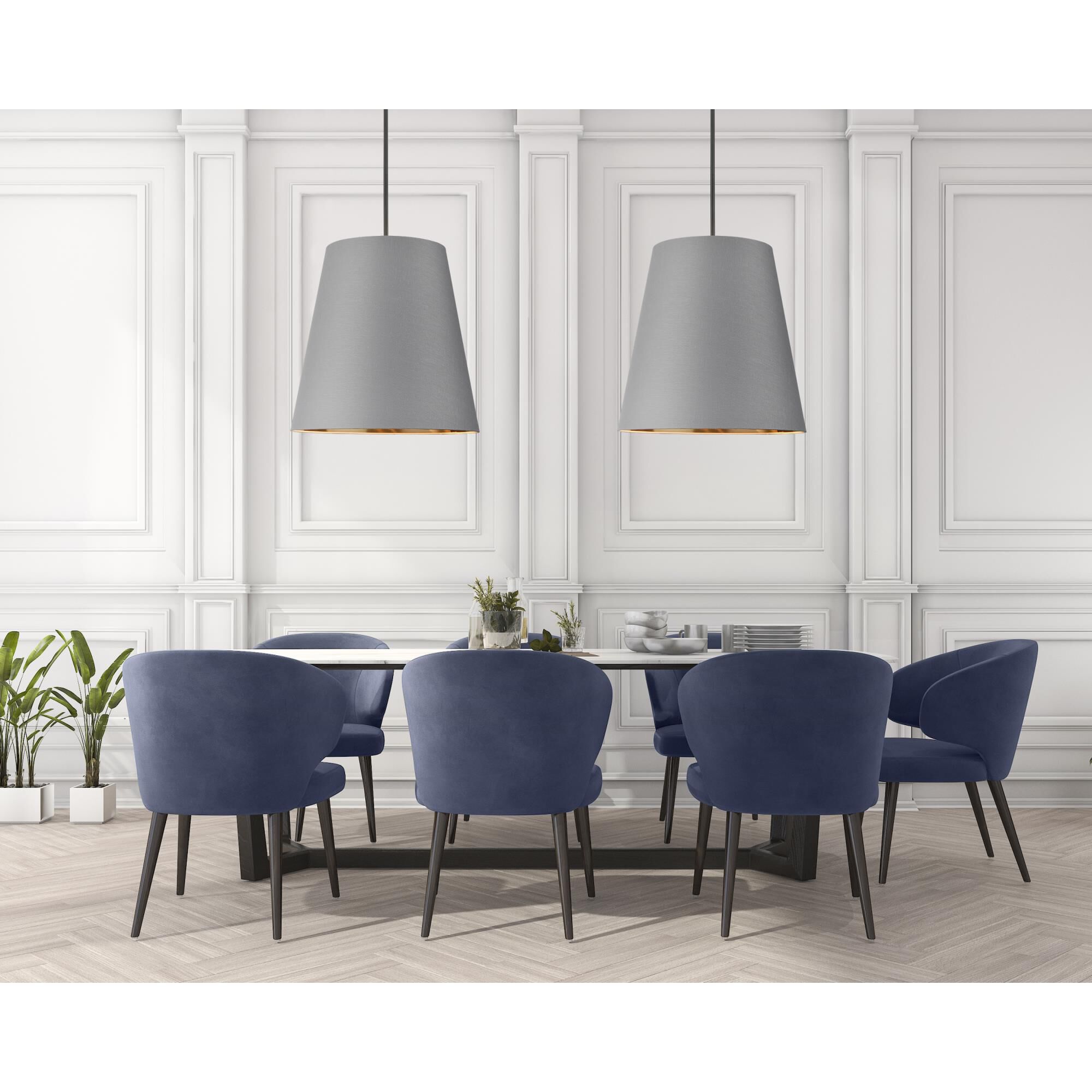 Shown in Bronze. Gray and Gold finish and Gray Linen shade