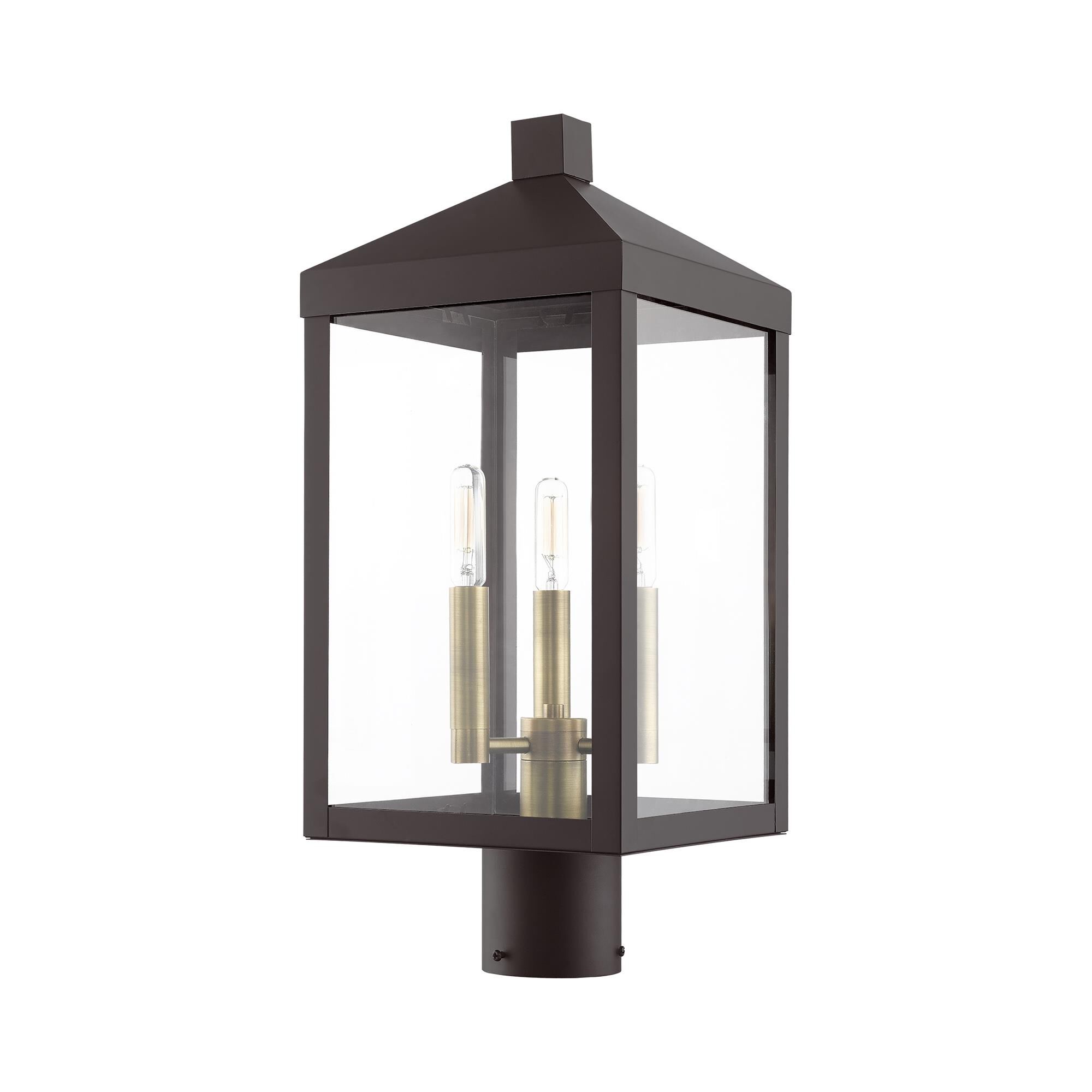 Shown in Bronze With Antique Brass Cluser finish and Clear glass and Clear Glass shade