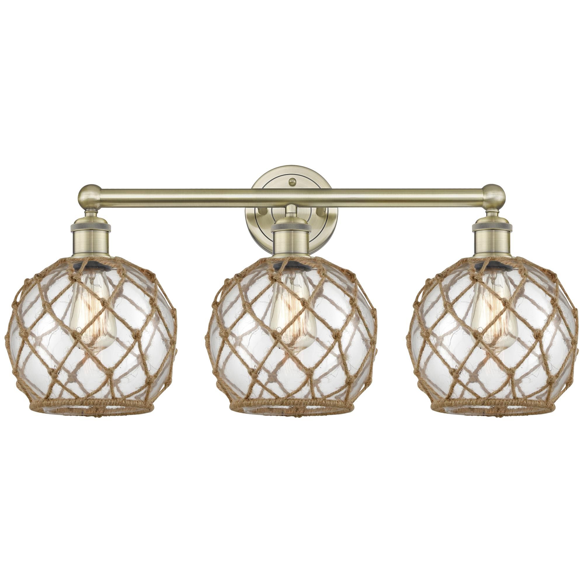 Shown in Antique Brass finish and Clear with Brown Rope glass