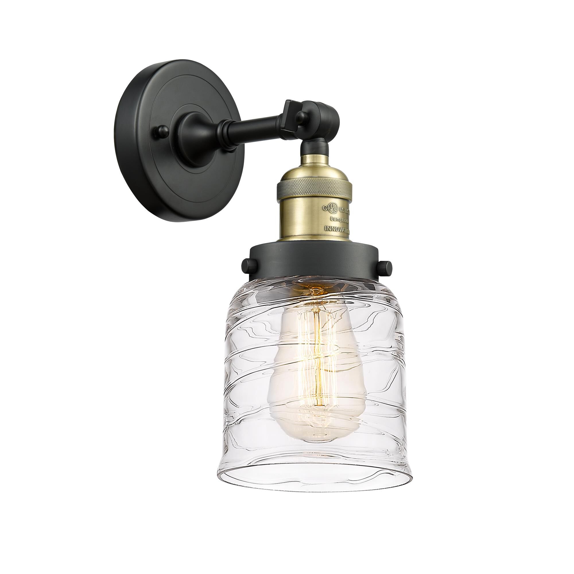 Shown in Black Antique Brass finish and Clear Deco Swirl Small Bell glass