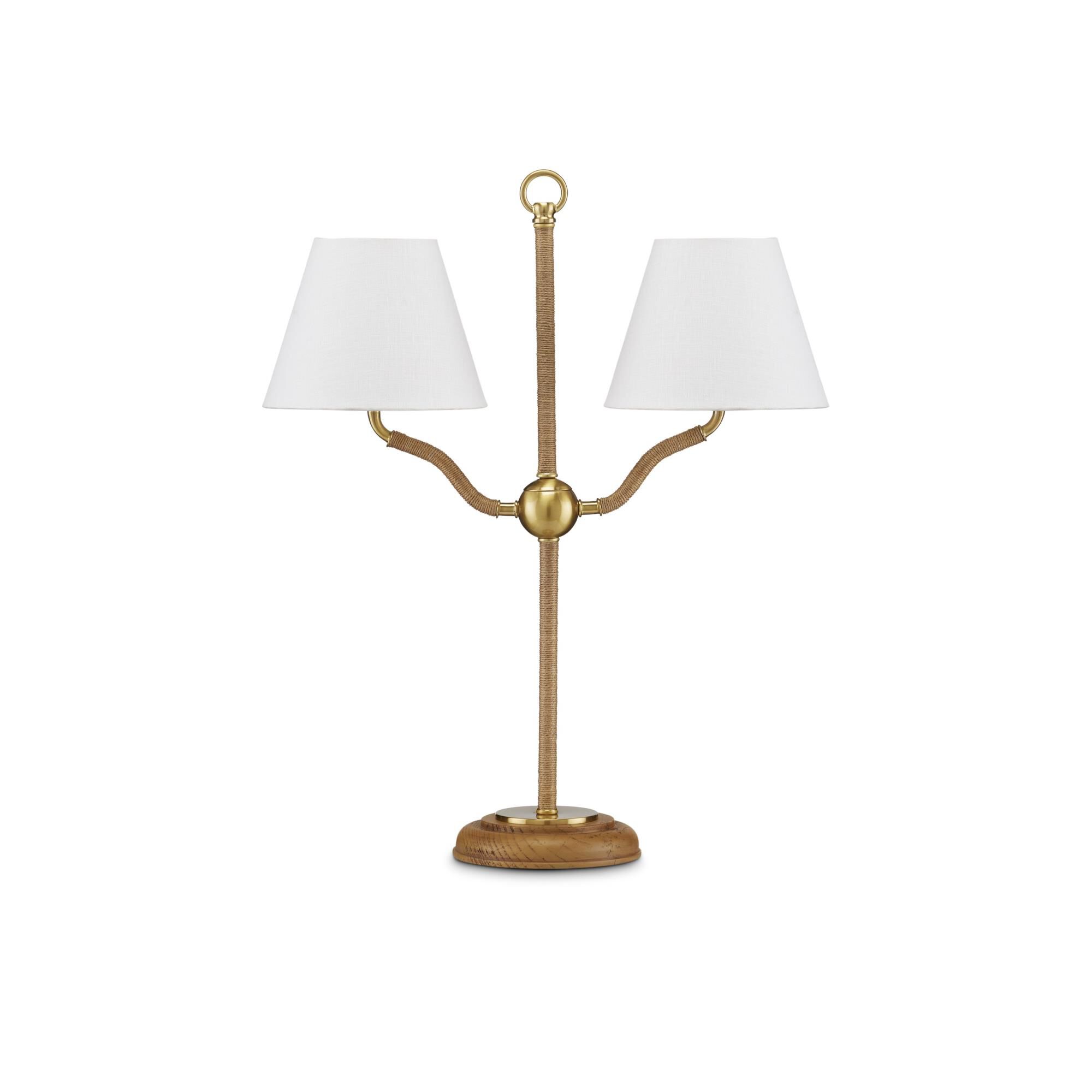 Shown in Natural/Antique Brass finish and Off-White Linen shade