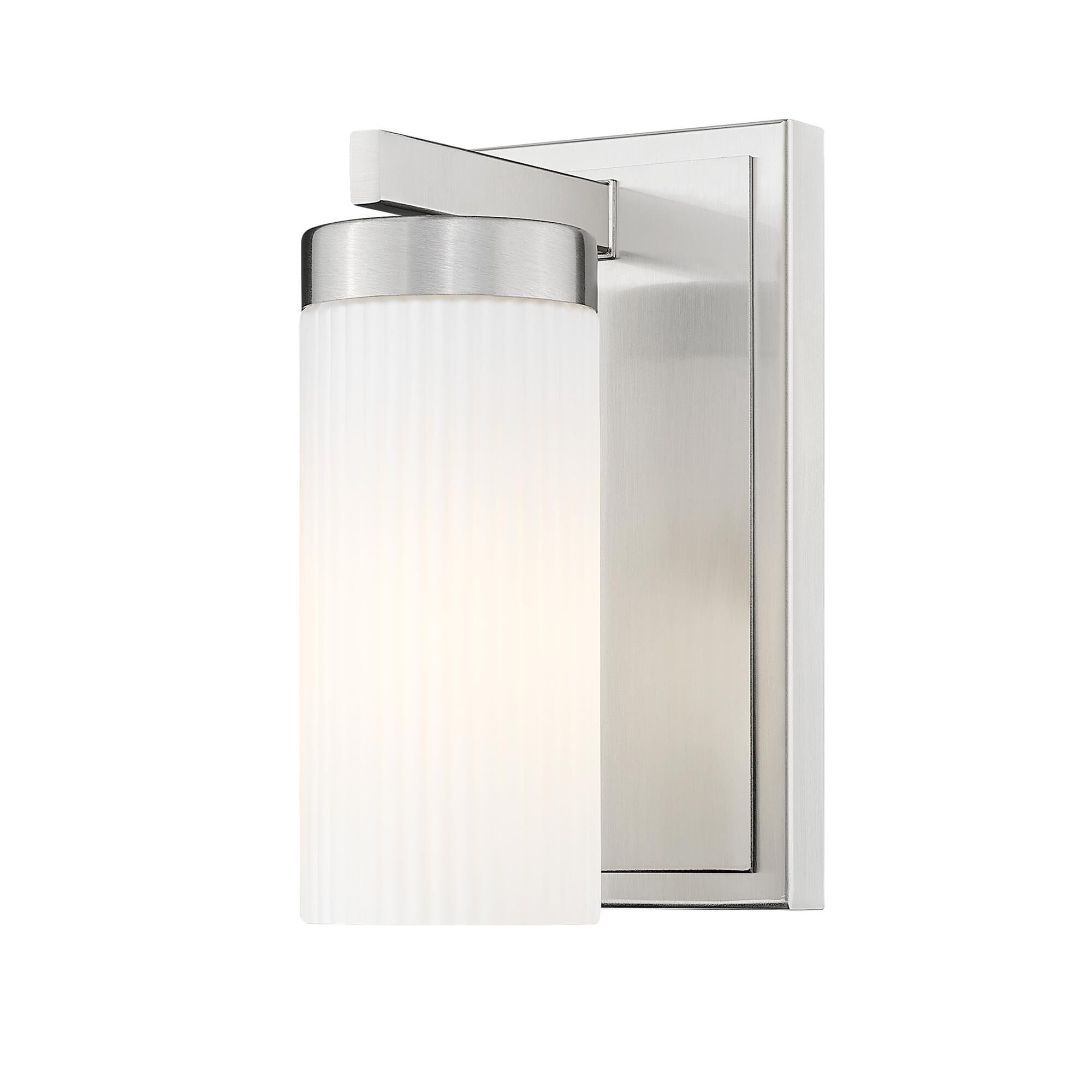 Shown in Brushed Nickel finish and White glass and White shade
