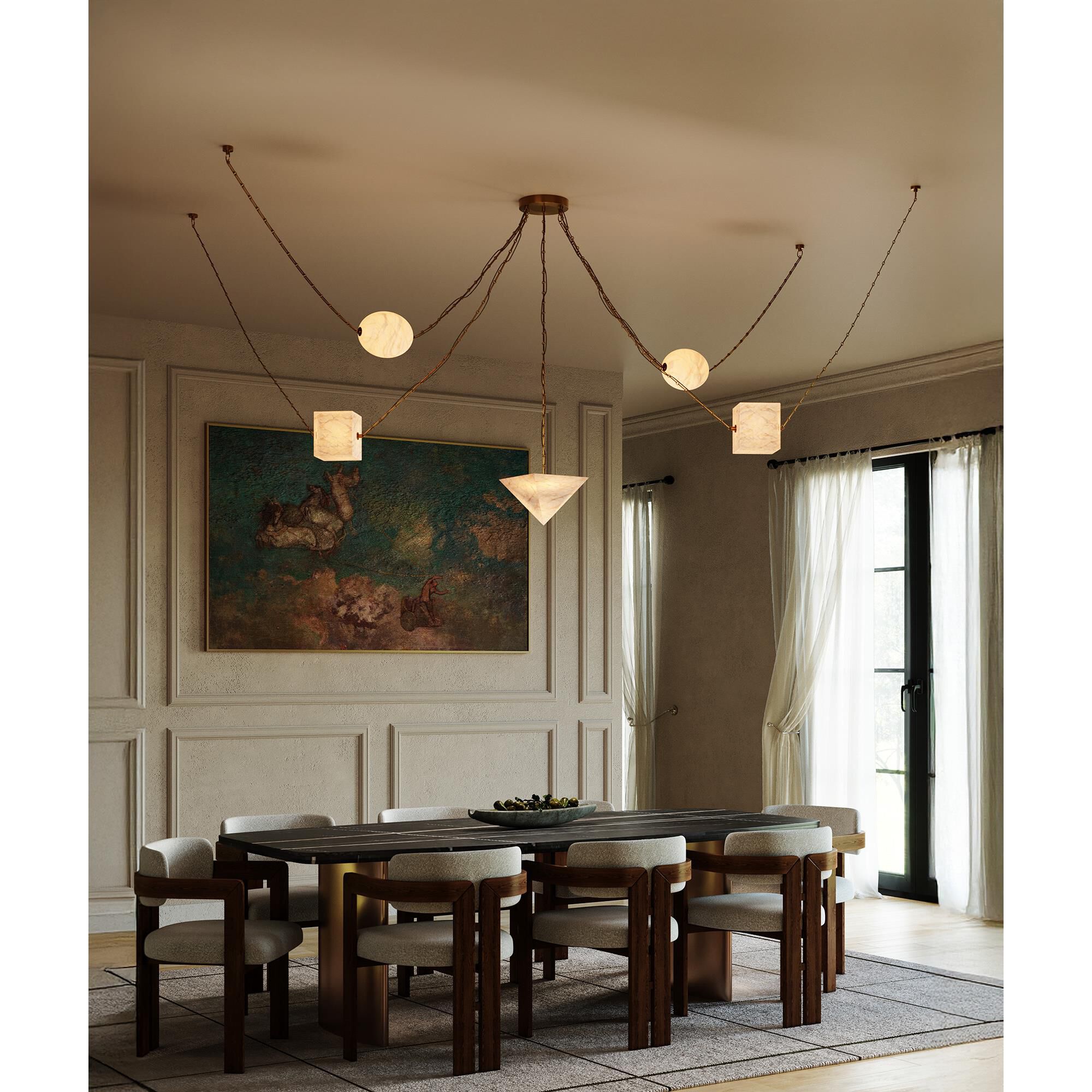 Shown in Patina Brass finish and Alabaster glass