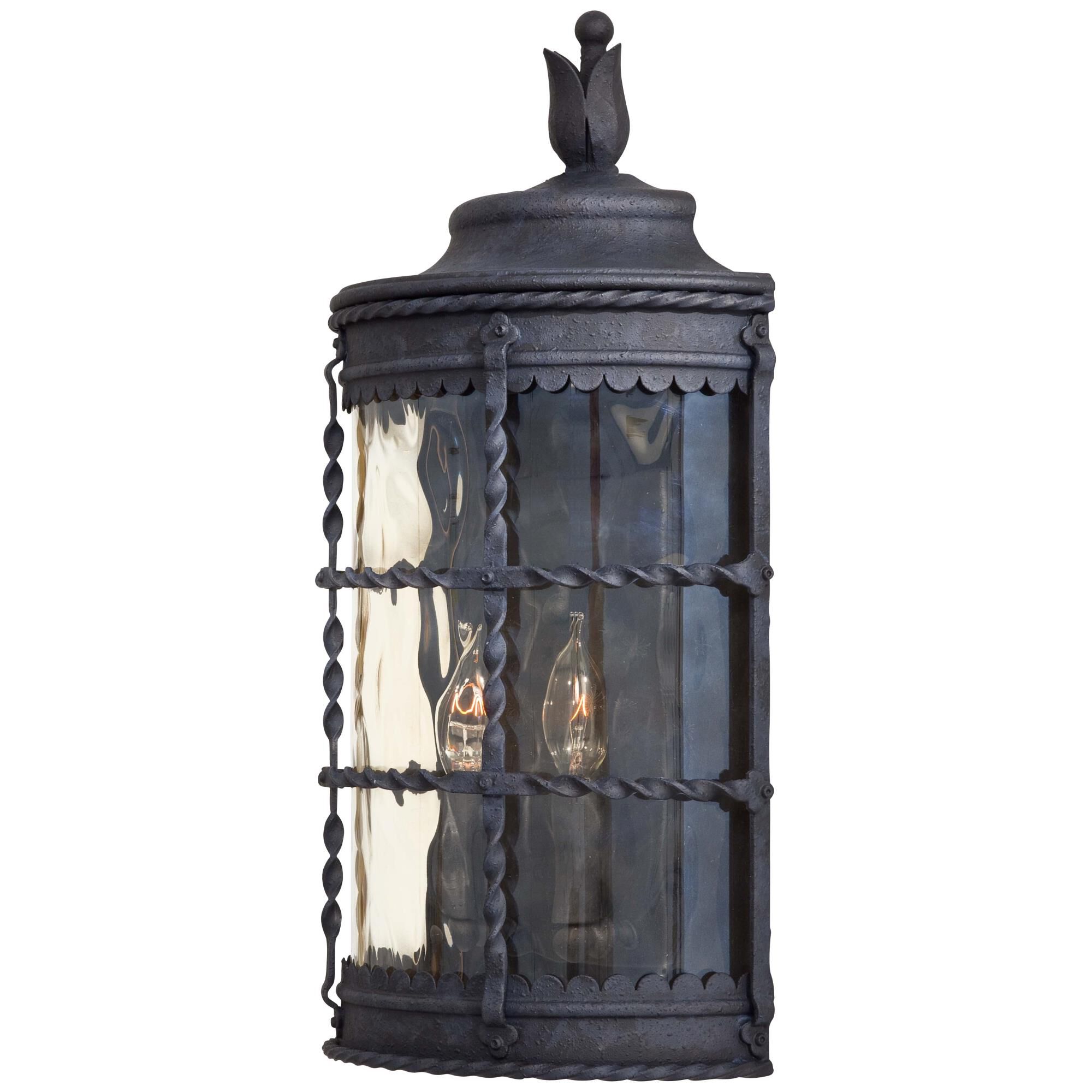 Shown in Spanish Iron finish and Champagne glass and Hammered Glass shade