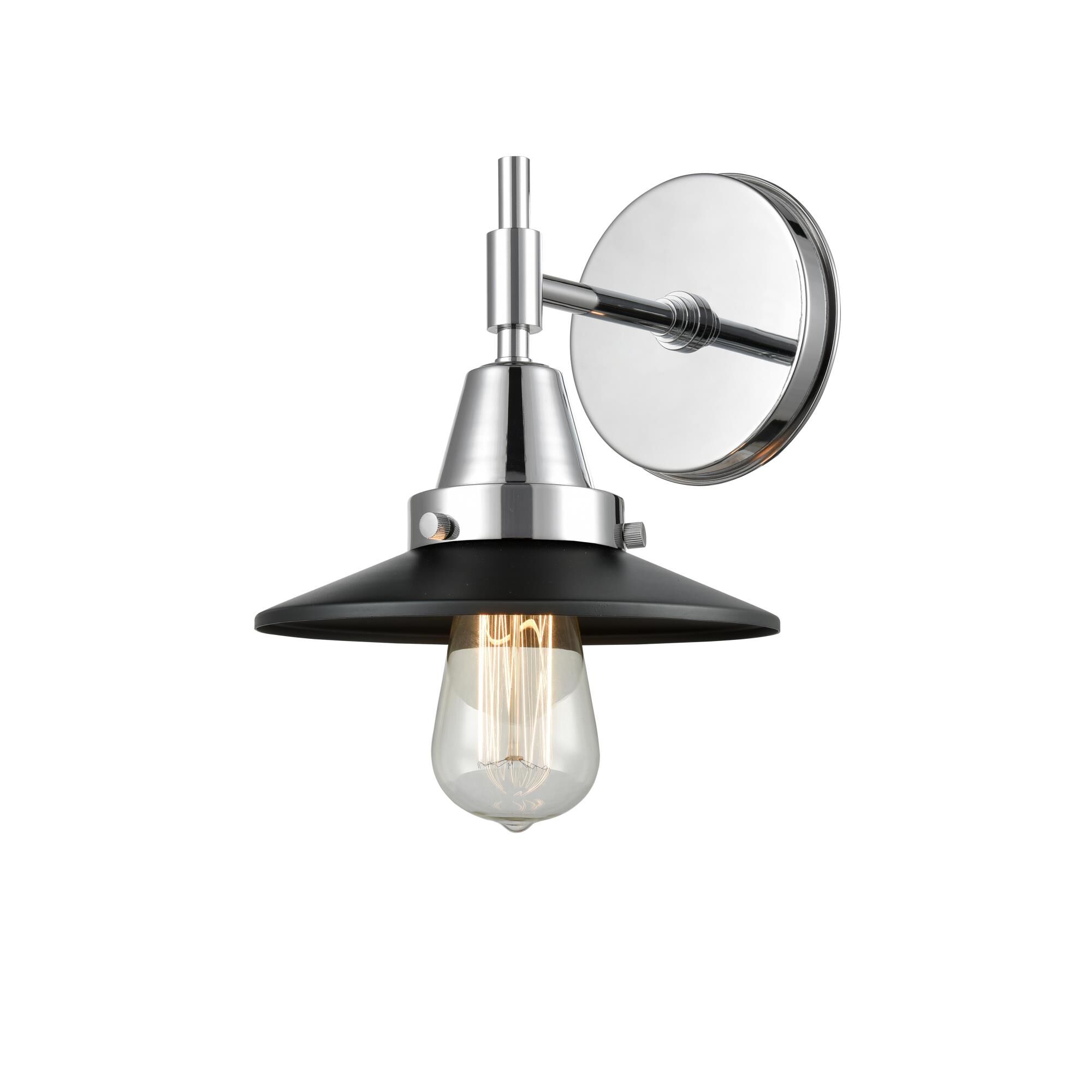 Shown in Polished Chrome finish and Matte Black Railroad shade
