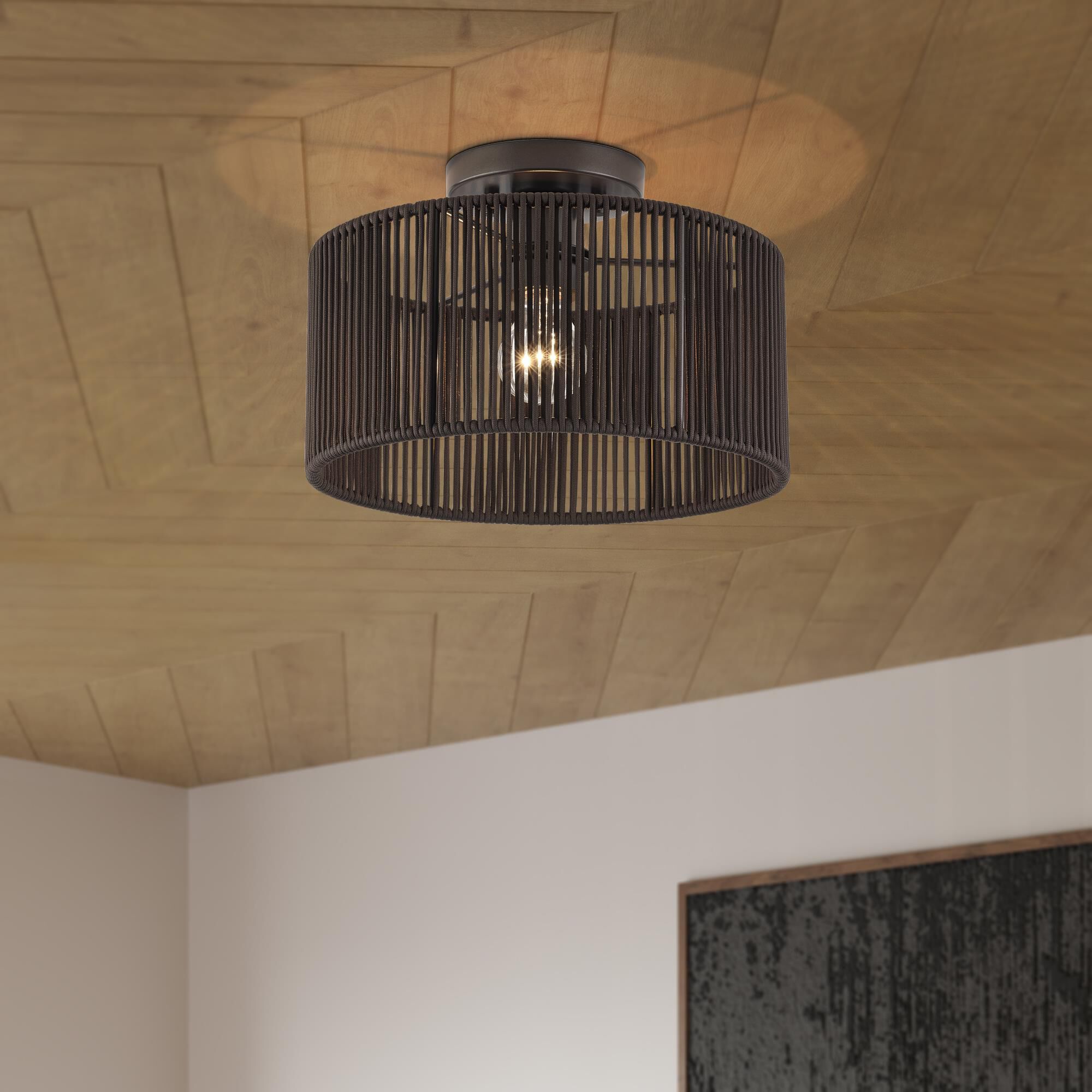 Shown in English Bronze finish and Hand-Woven Dark Chocolate Color Polyester Rope shade
