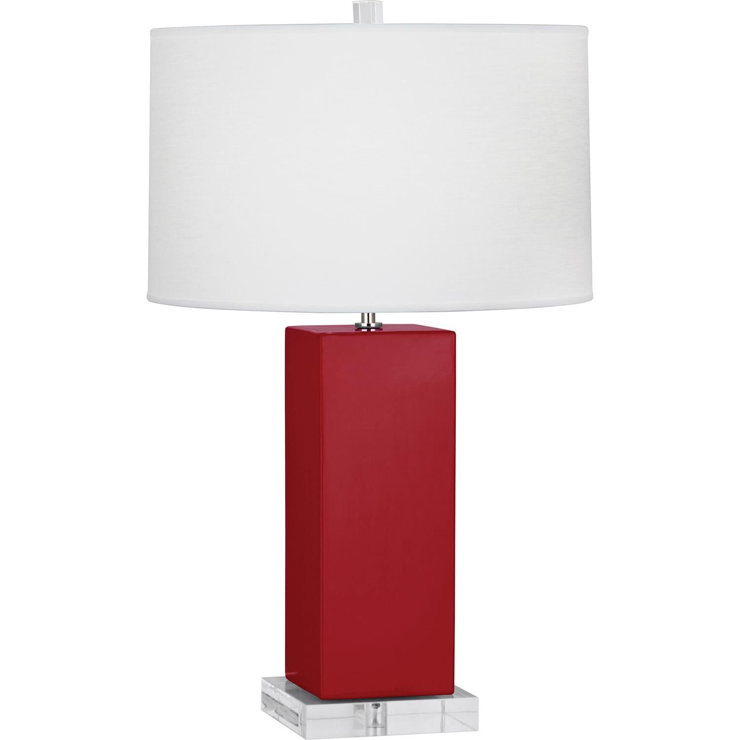 Shown in Ruby Red Glazed Ceramic finish and Oyster Linen shade
