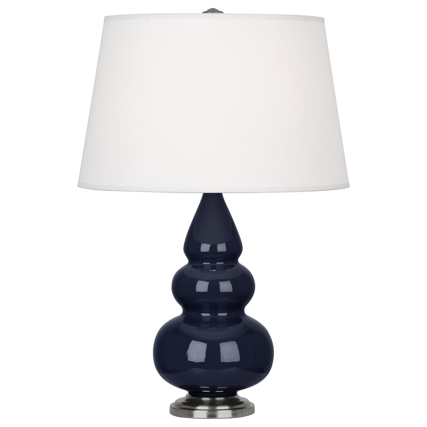 Shown in Midnight Blue Glazed Ceramic With Antique Silver ed Accents finish and Pearl Dupioni Fabric shade