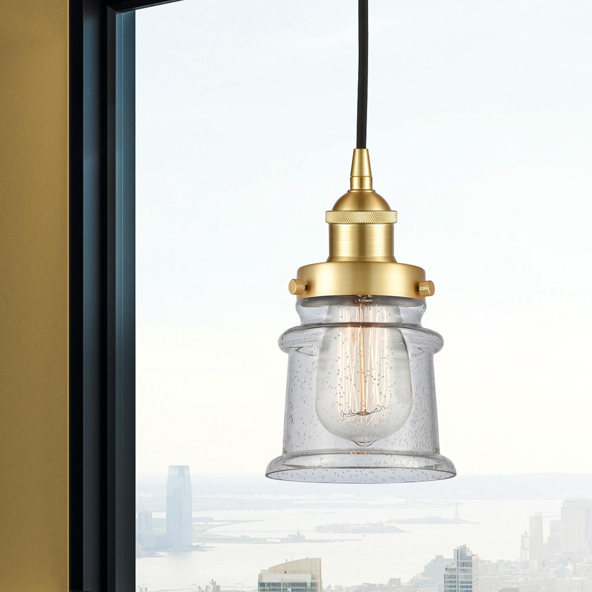 Shown in Satin Gold finish and Seedy glass