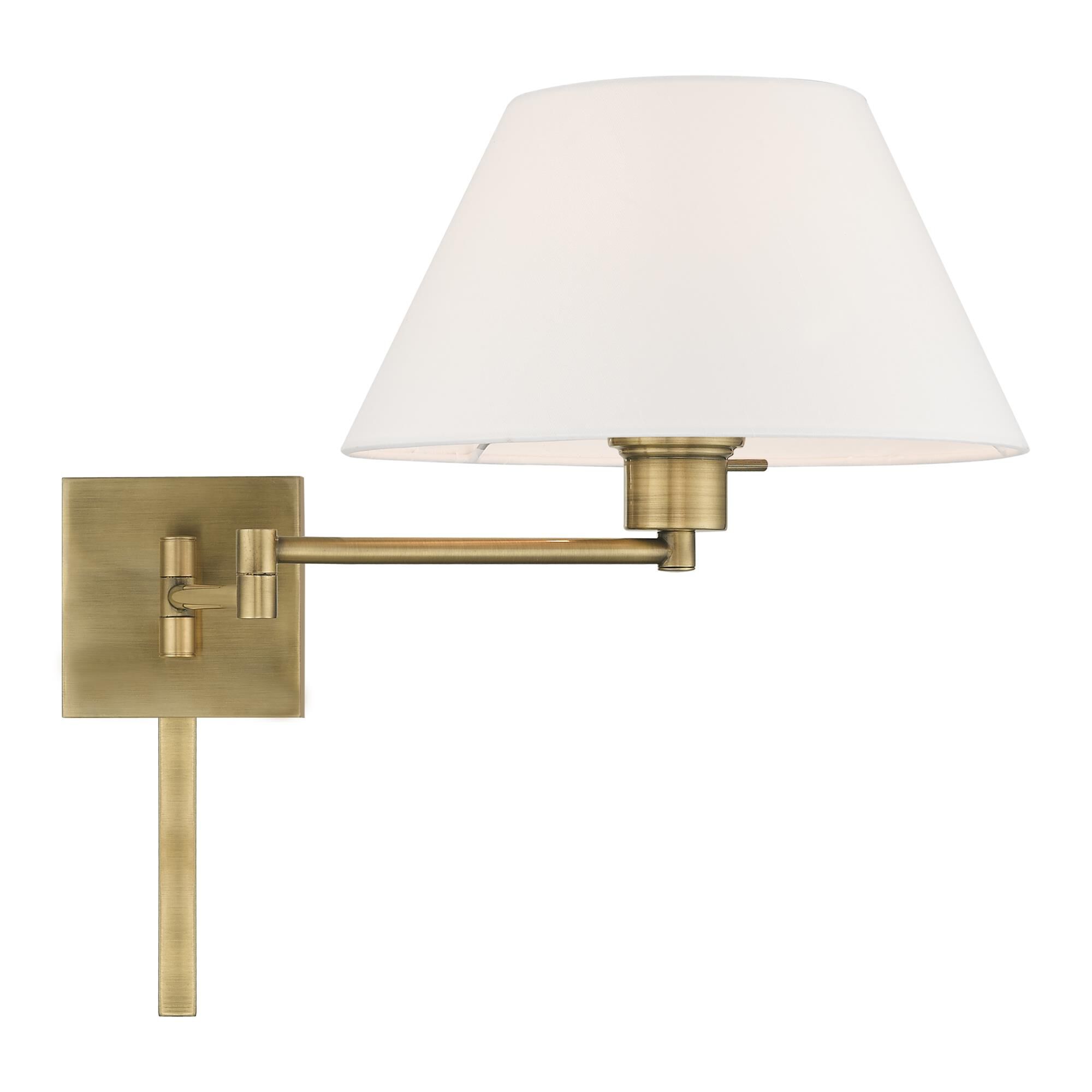 Shown in Antique Brass finish and Hand Crafted Off-White Fabric Hardback shade