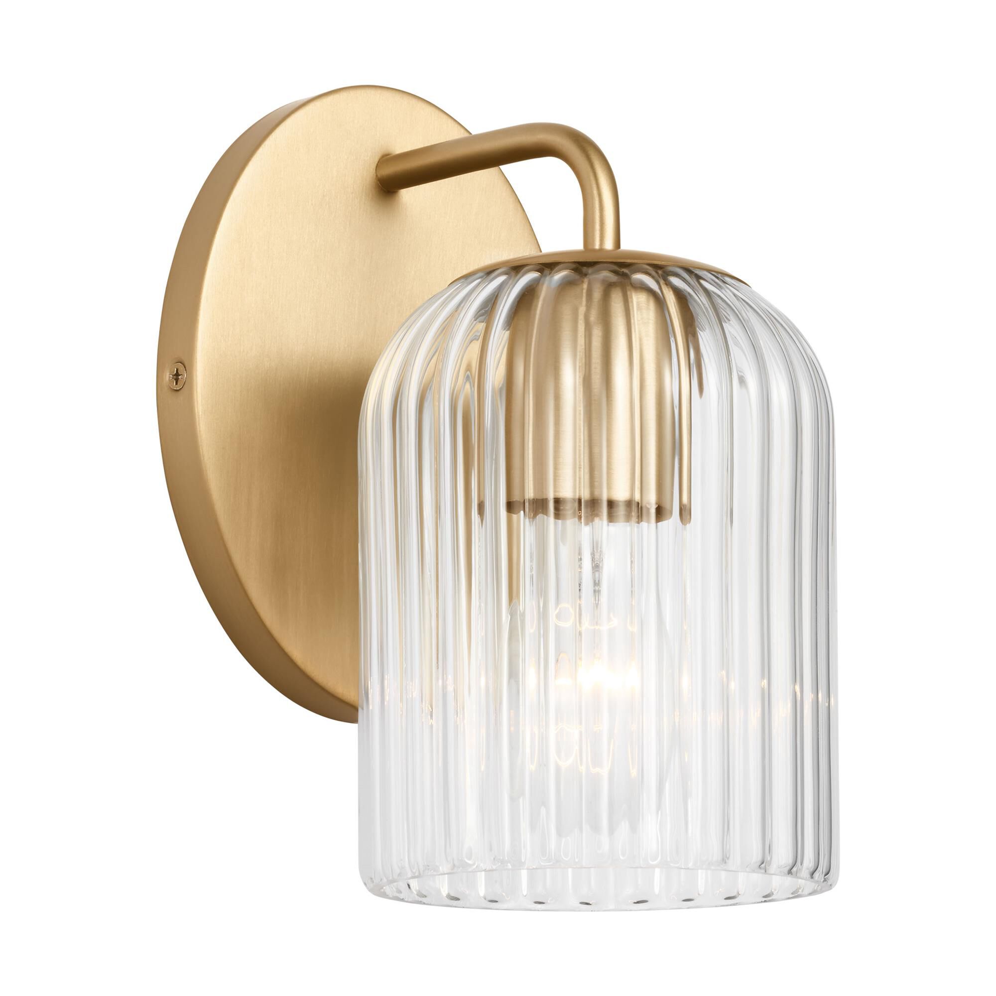 Shown in Satin Brass finish and Clear Ribbed glass