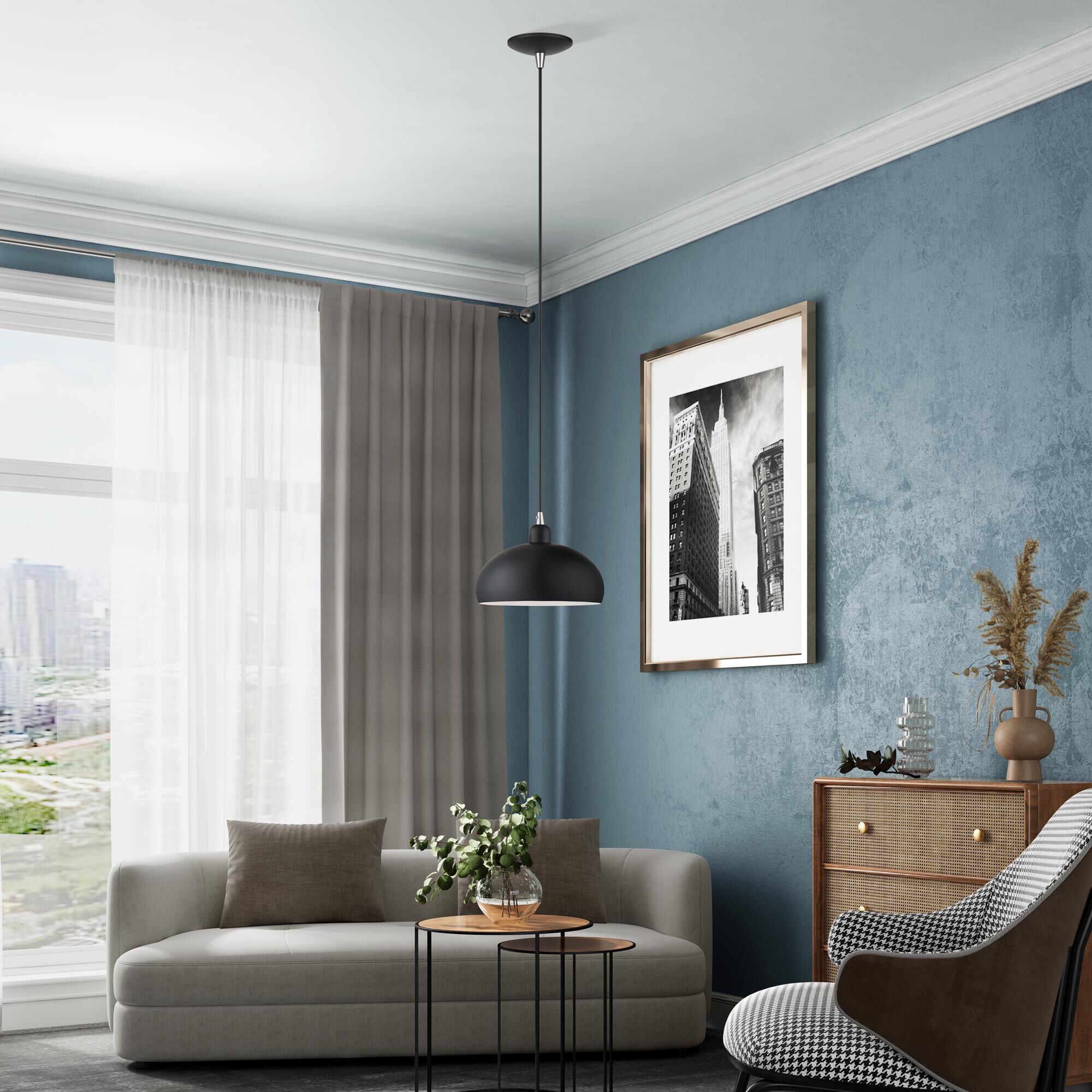 Shown in Black with Brushed Nickel Accents finish and Black Steel with Shiny White Inside shade